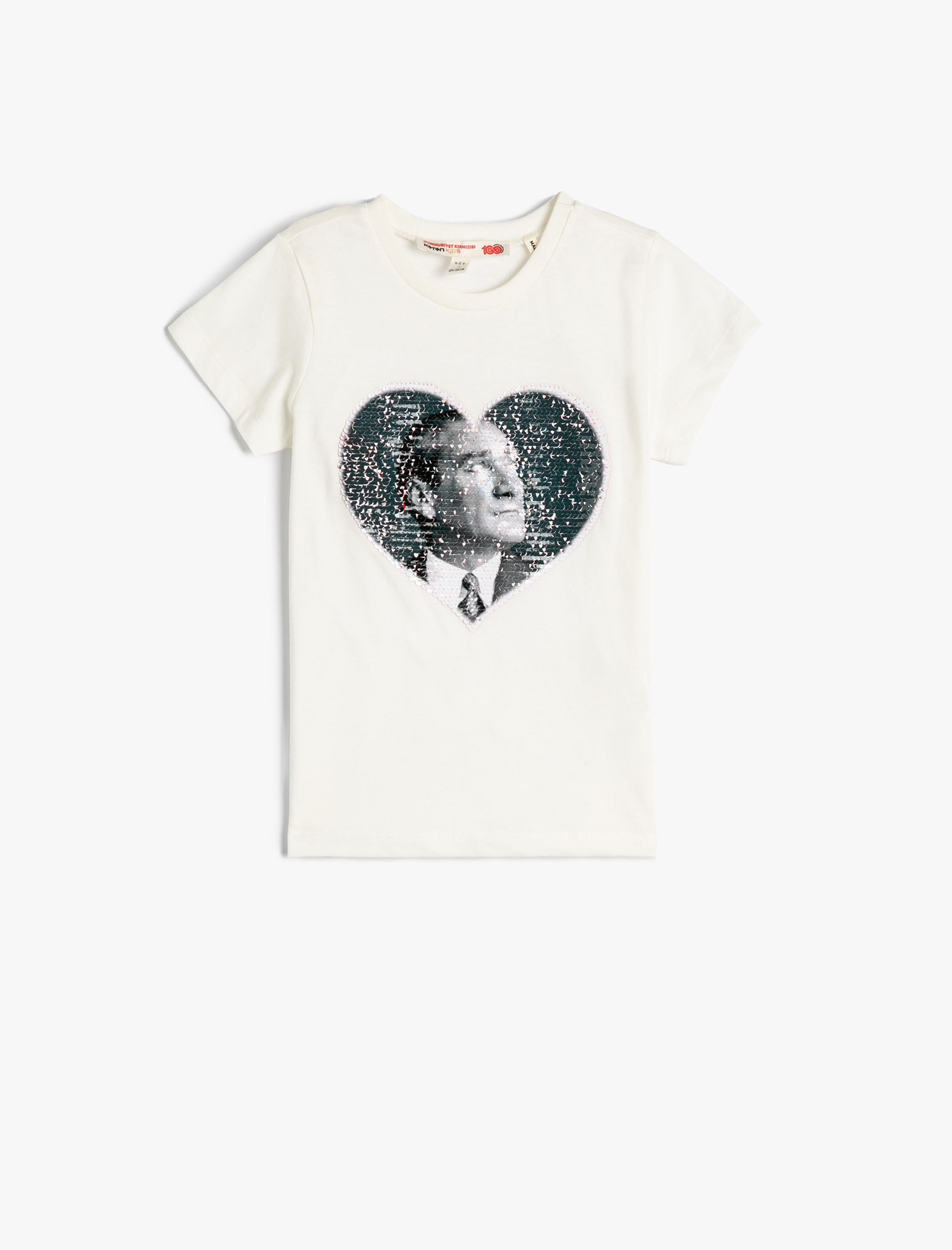  Kız Çocuk 29 Ekim Tişört Pul Payet İşlemeli Kısa Kollu Bisiklet Yaka Pamuklu