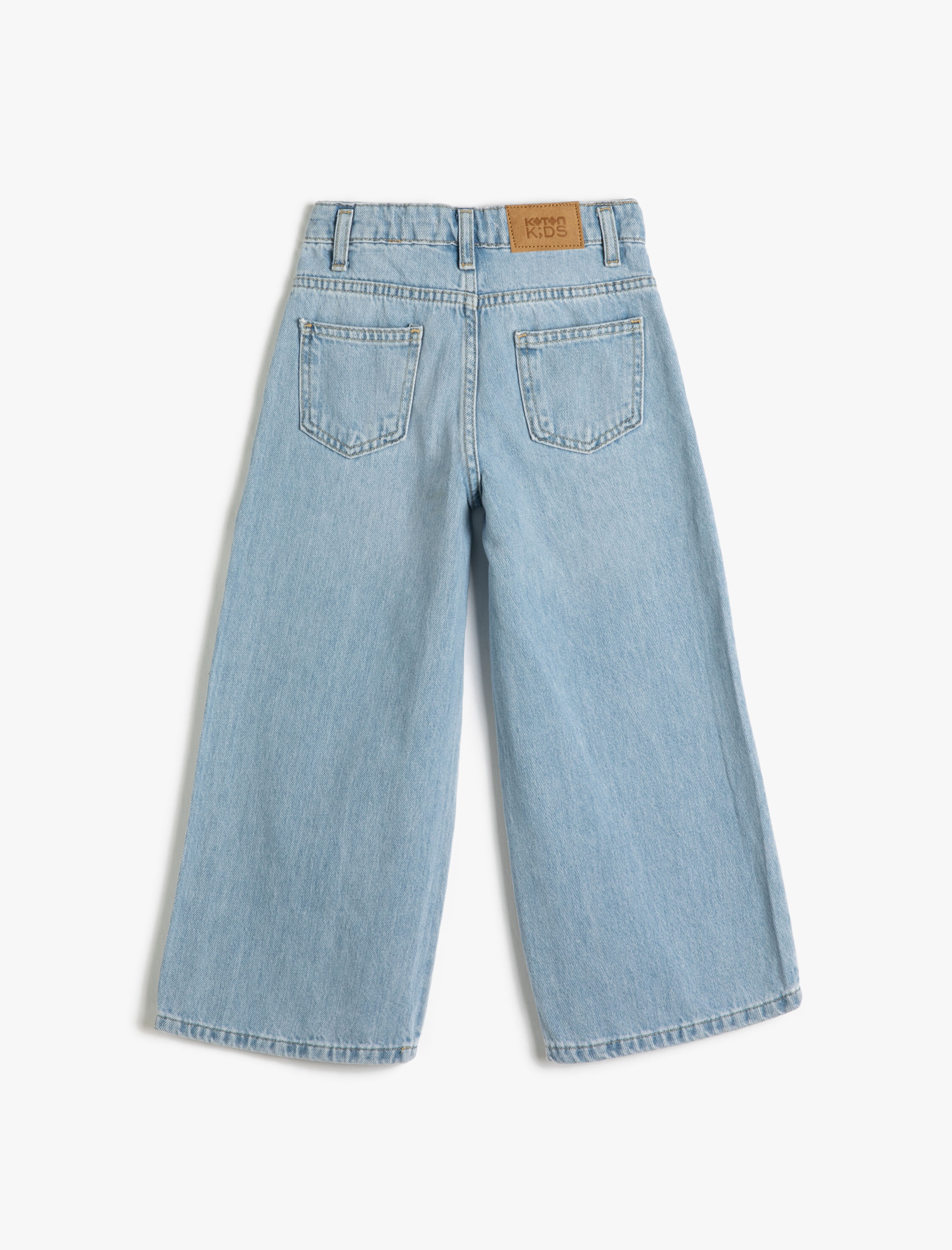  Kız Çocuk Geniş Paça Kot Pantolon Cepli Pamuklu - Wide Leg Jean Beli Ayarlanabilir Lastikli