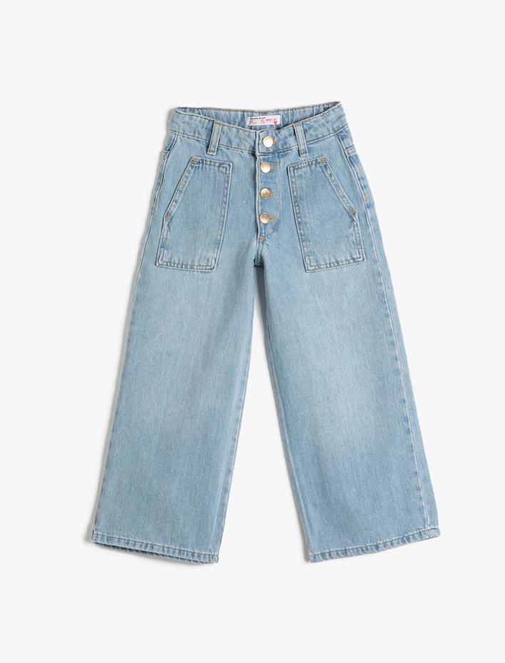 Kız Çocuk Geniş Paça Kot Pantolon Cepli Pamuklu - Wide Leg Jean Beli Ayarlanabilir Lastikli