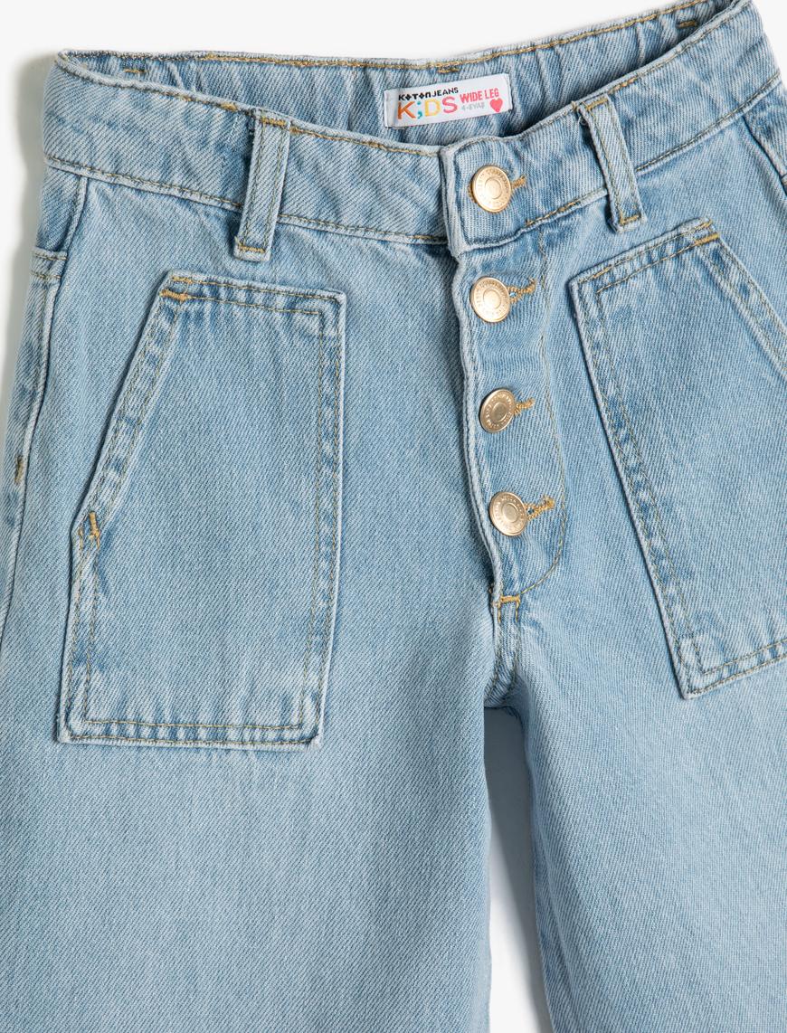  Kız Çocuk Geniş Paça Kot Pantolon Cepli Pamuklu - Wide Leg Jean Beli Ayarlanabilir Lastikli