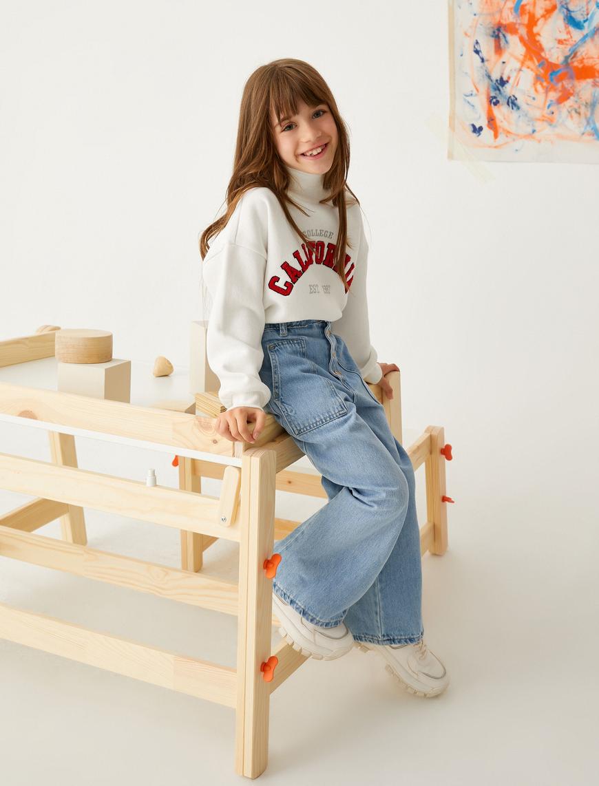  Kız Çocuk Geniş Paça Kot Pantolon Cepli Pamuklu - Wide Leg Jean Beli Ayarlanabilir Lastikli