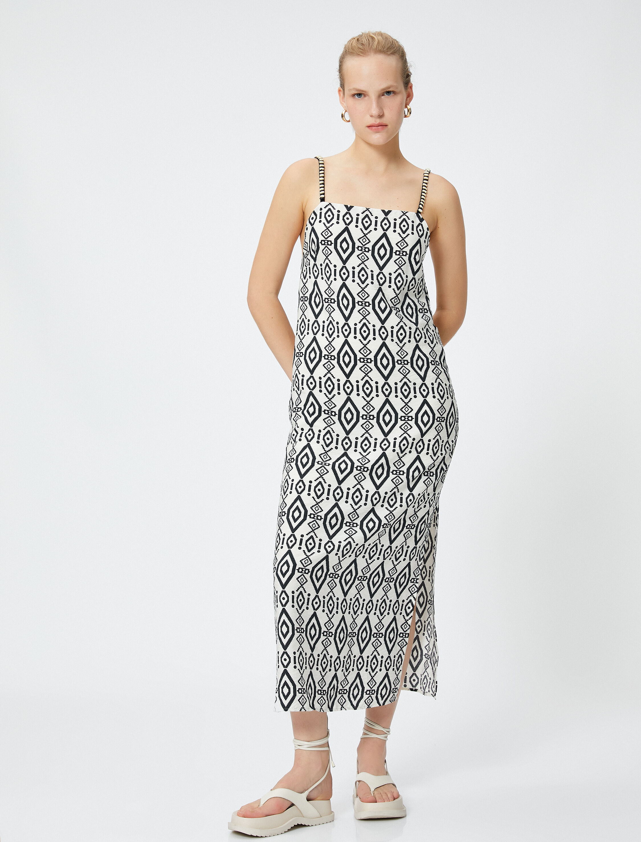   Uzun Etnik Baskılı Elbise Yırtmaçlı Askılı