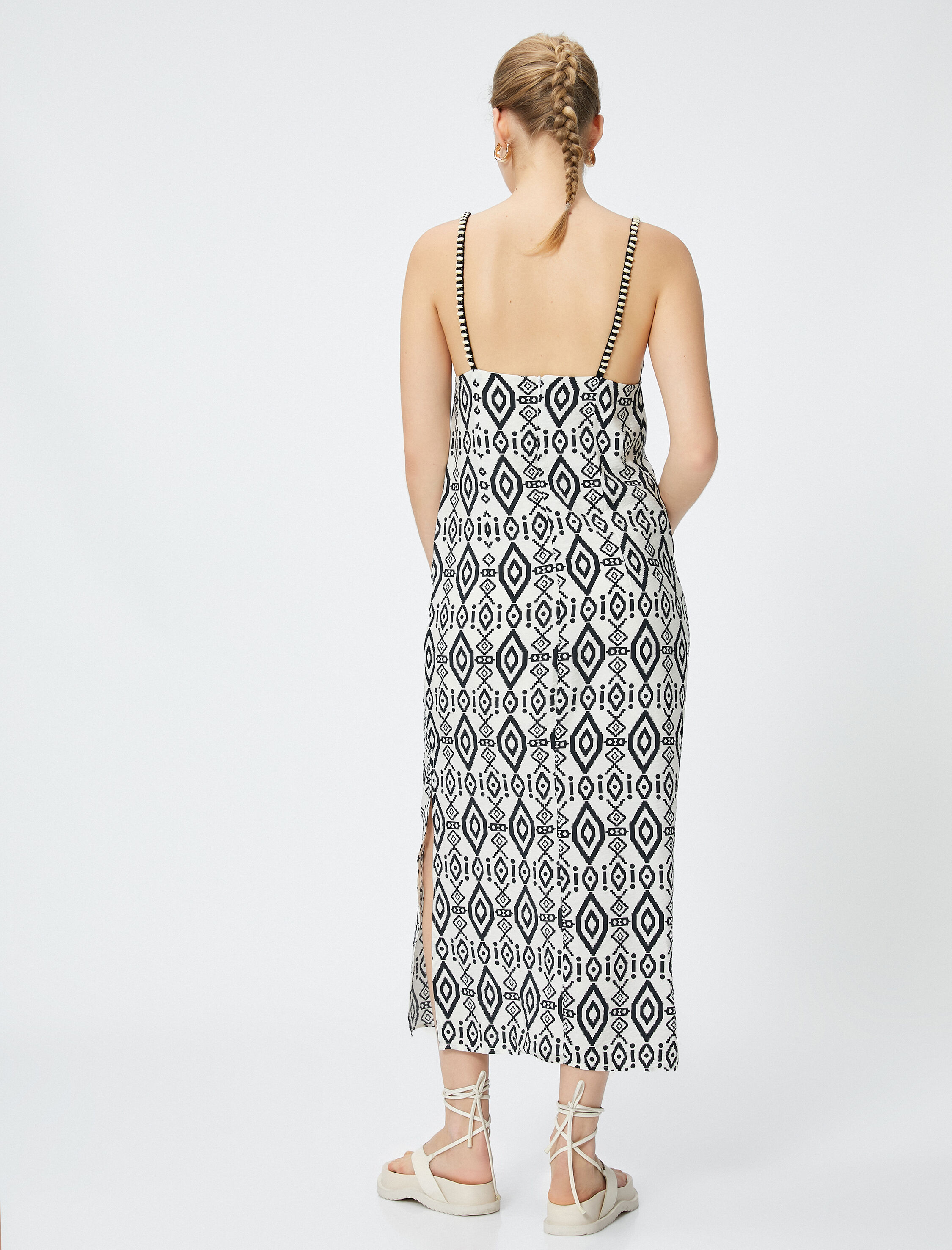   Uzun Etnik Baskılı Elbise Yırtmaçlı Askılı