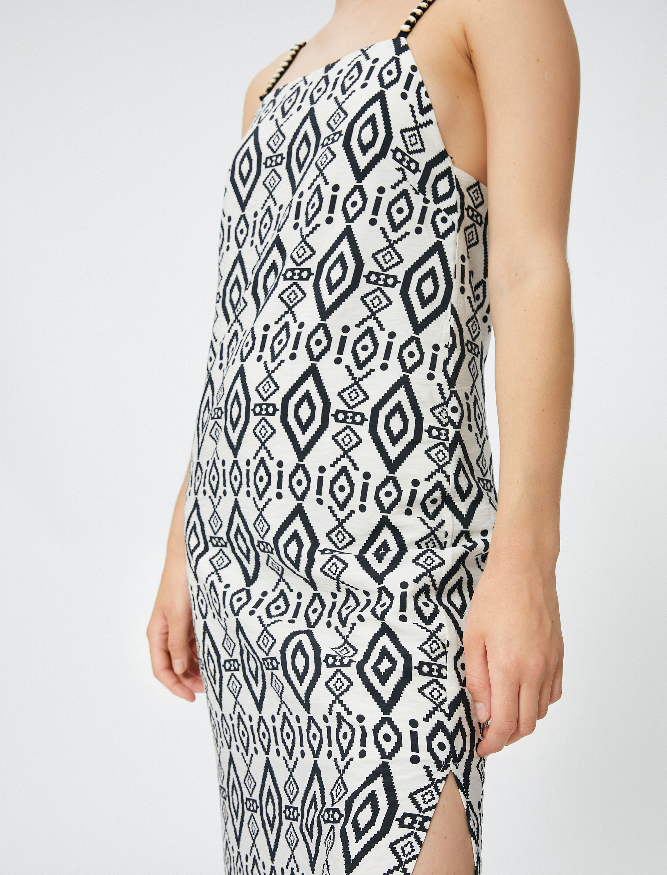   Uzun Etnik Baskılı Elbise Yırtmaçlı Askılı