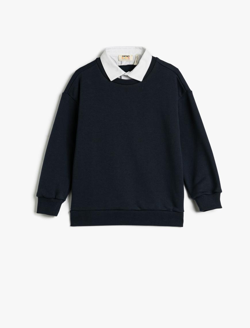  Erkek Çocuk Sweatshirt Basic Gömlek Yaka Detaylı Uzun Kollu