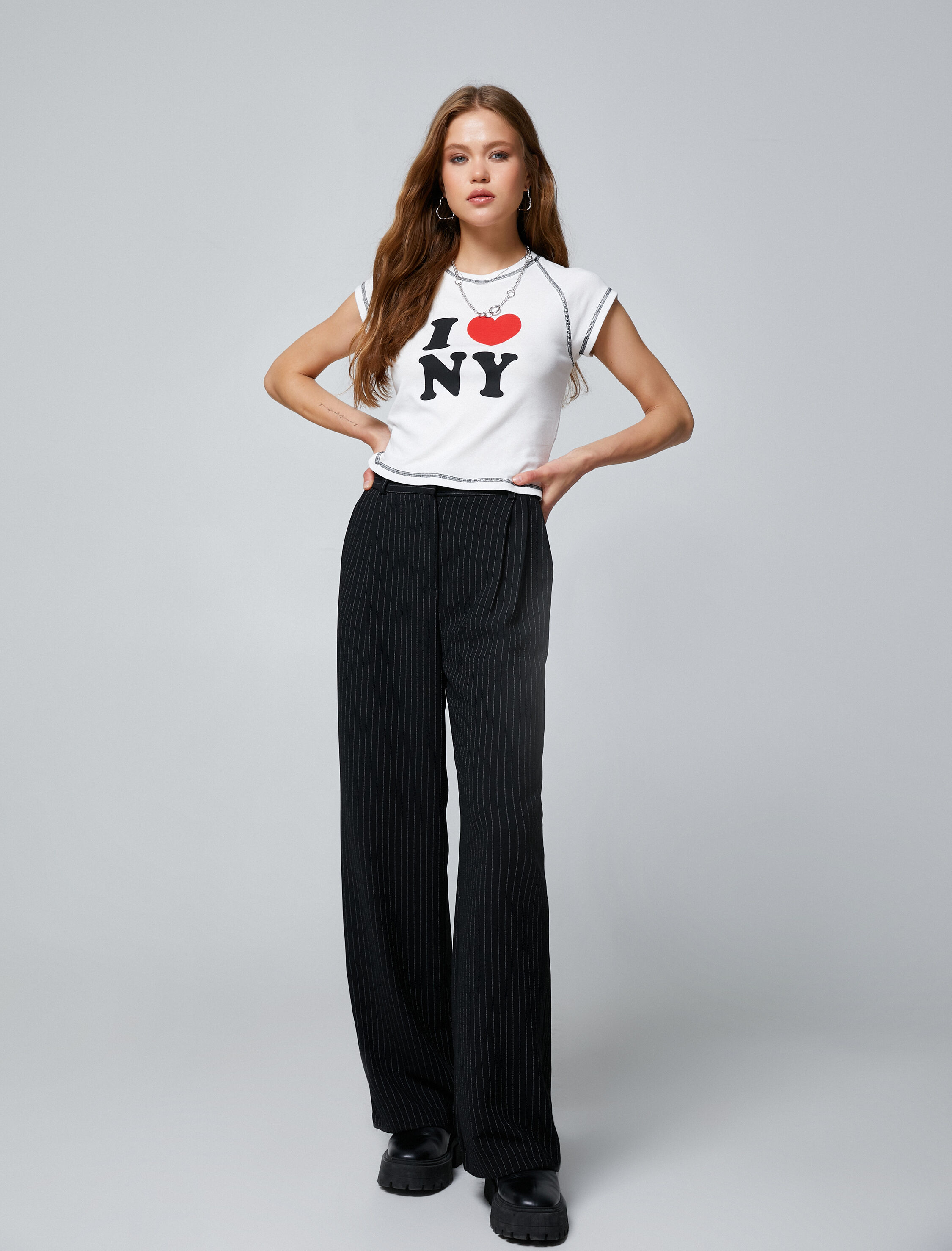   NY Baskılı Tişört Baskılı Kısa Kollu Bisiklet Yaka Pamuklu