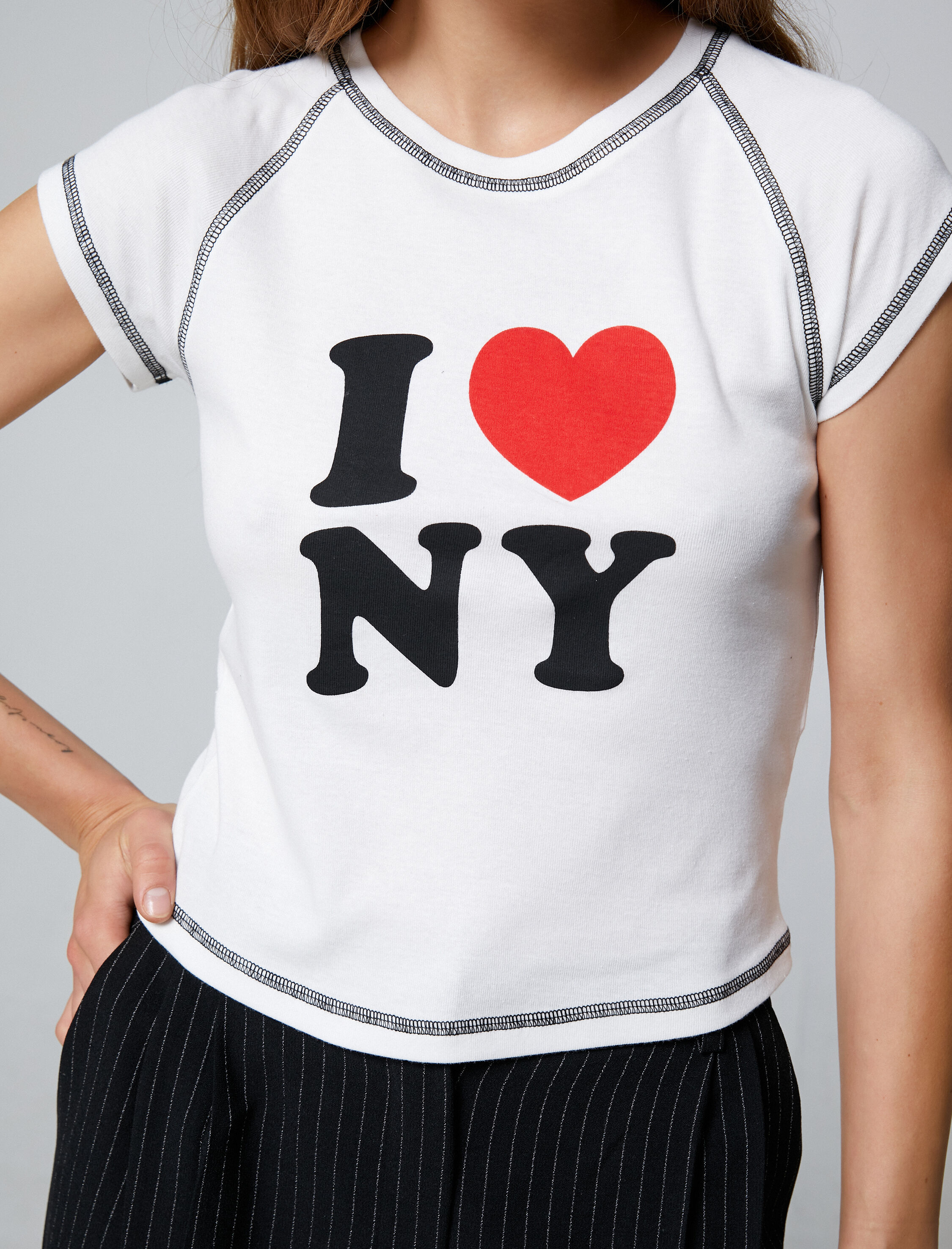   NY Baskılı Tişört Baskılı Kısa Kollu Bisiklet Yaka Pamuklu