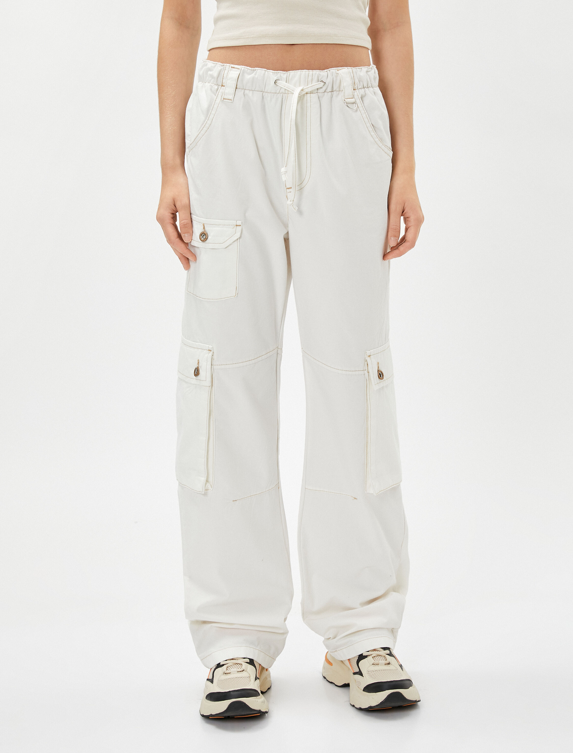   Kargo Pantolon Beli Bağcıklı Büyük Cepli Düğmeli Pamuklu