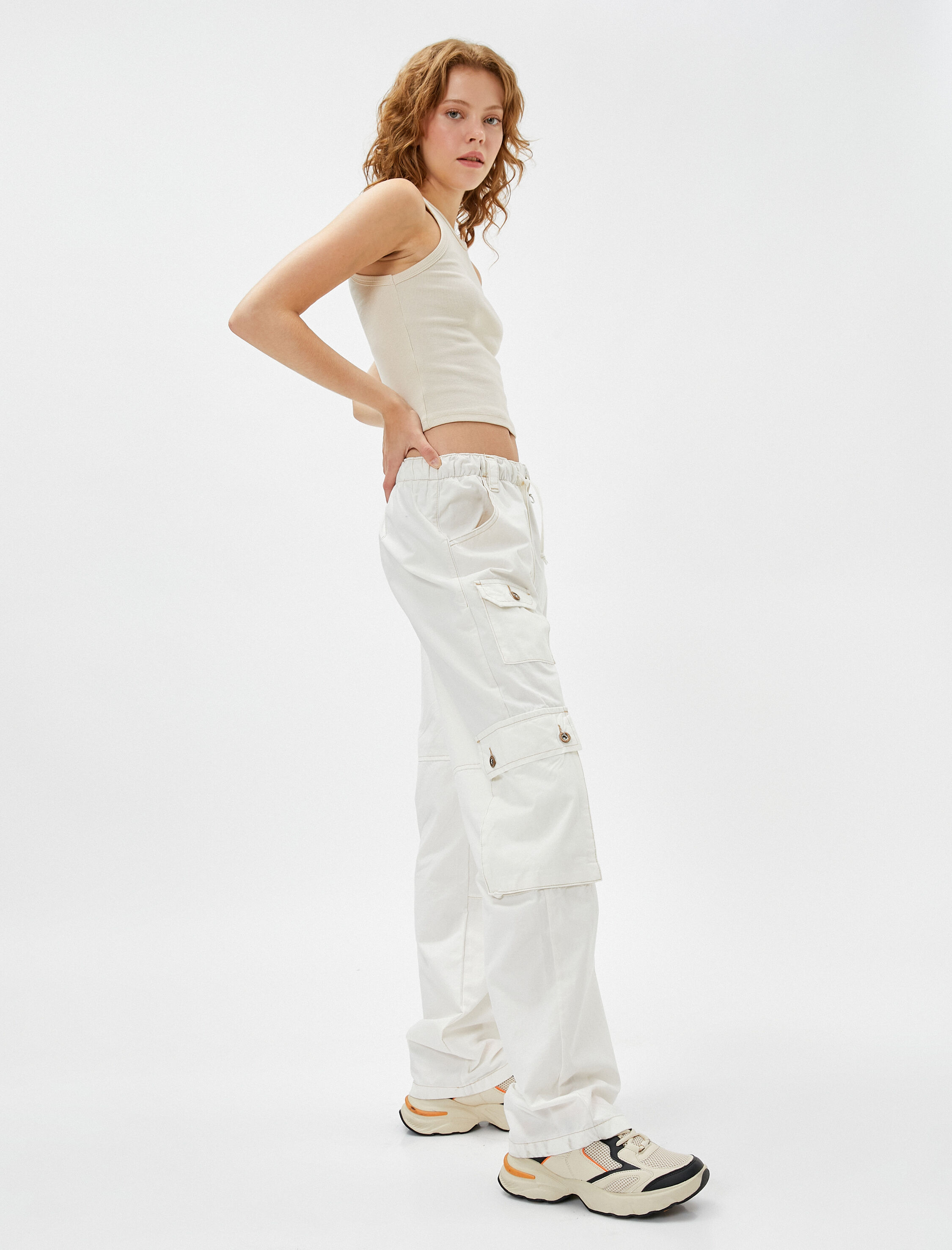   Kargo Pantolon Beli Bağcıklı Büyük Cepli Düğmeli Pamuklu