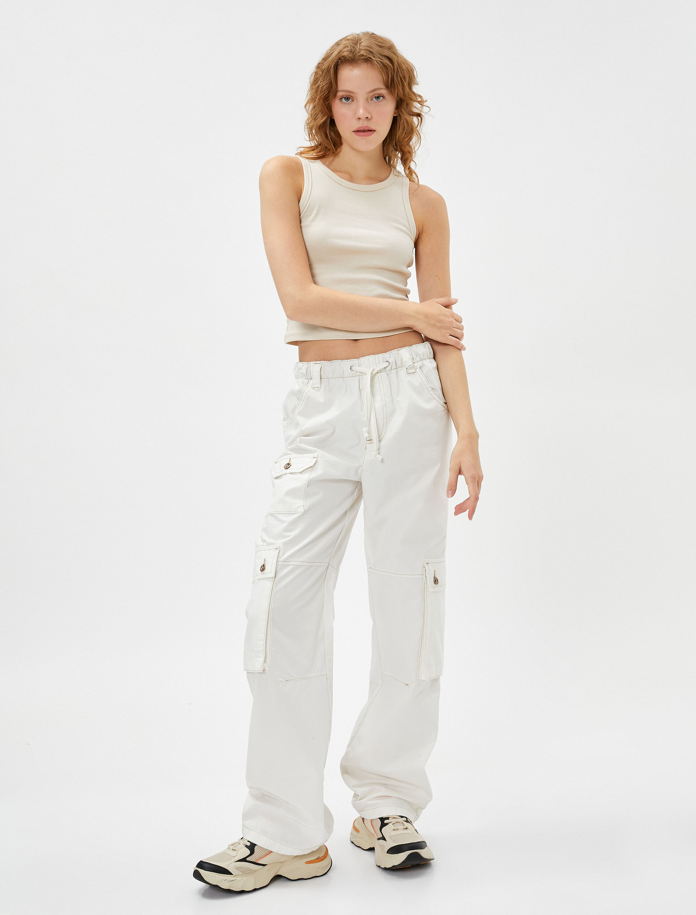   Kargo Pantolon Beli Bağcıklı Büyük Cepli Düğmeli Pamuklu