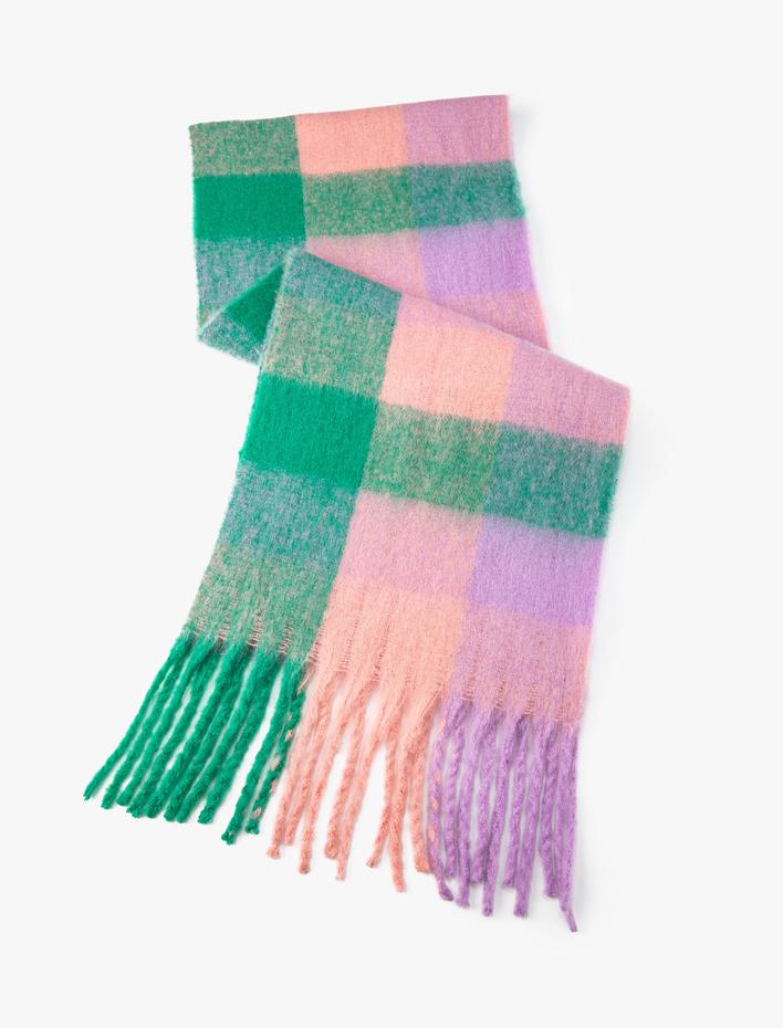 Kadın Atkı Püsküllü Yumuşak Dokulu Kareli