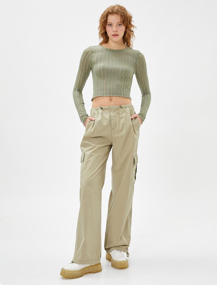  Uzun Kollu Tişört Dar Kesim Bisiklet Yaka Ajurlu