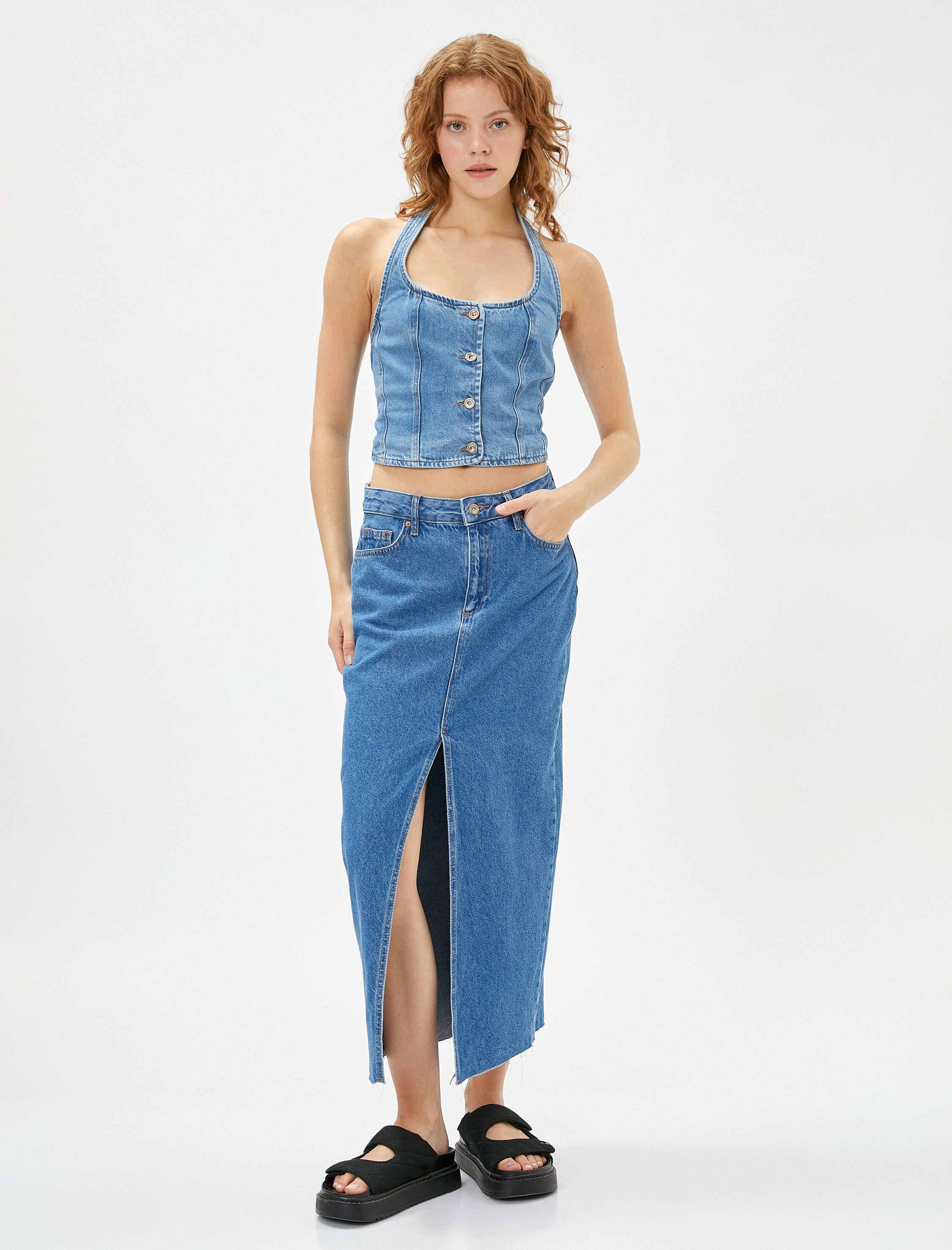   Kot Yelek Crop Halter Yaka Düğmeli Nervürlü Pamuklu