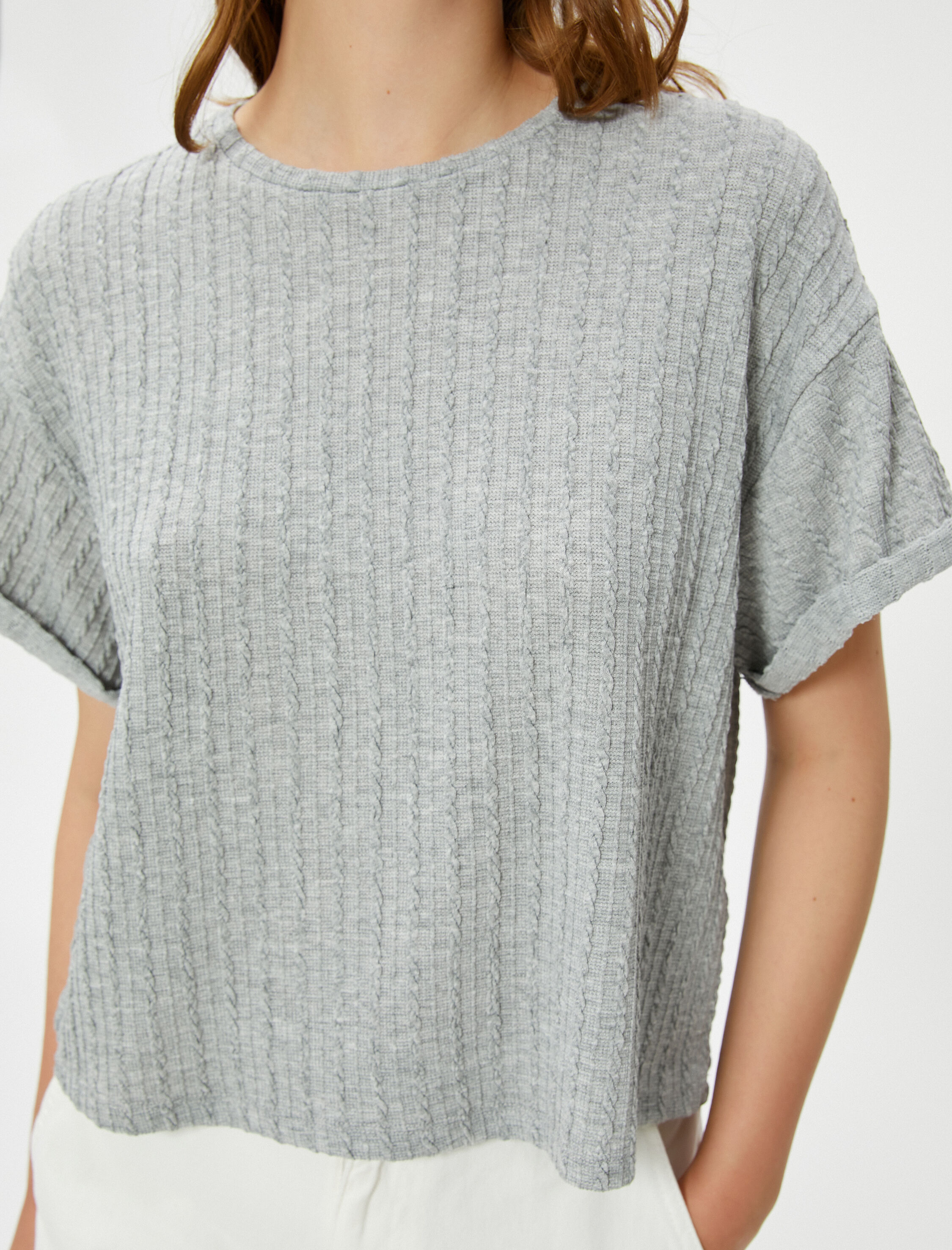   Crop Tişört Kısa Kollu Örgü Motifli