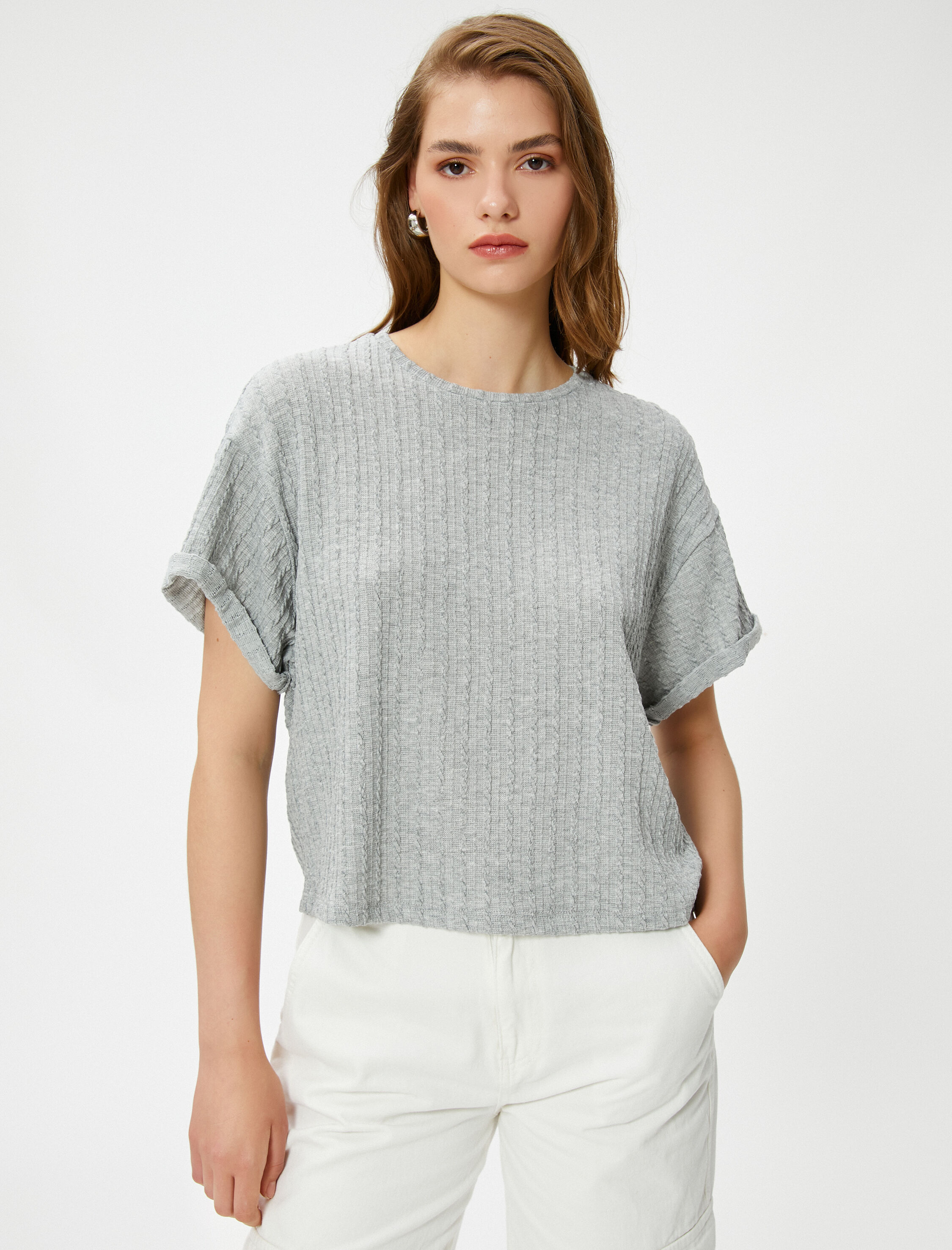   Crop Tişört Kısa Kollu Örgü Motifli