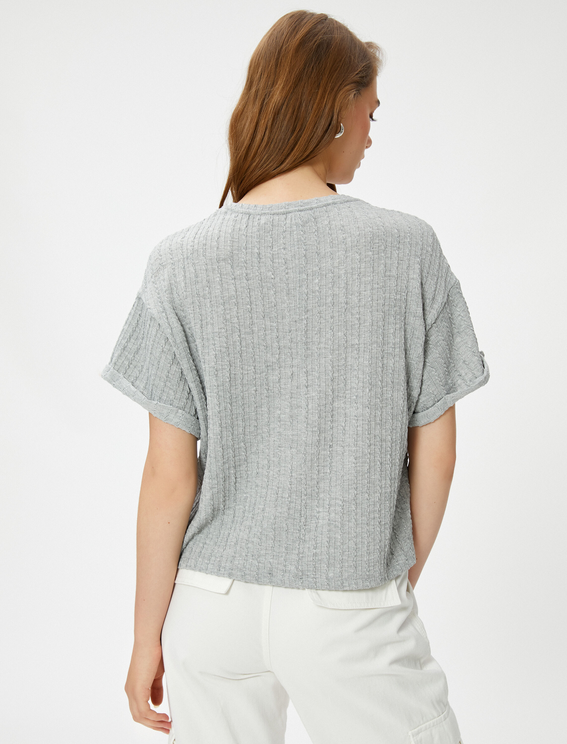   Crop Tişört Kısa Kollu Örgü Motifli