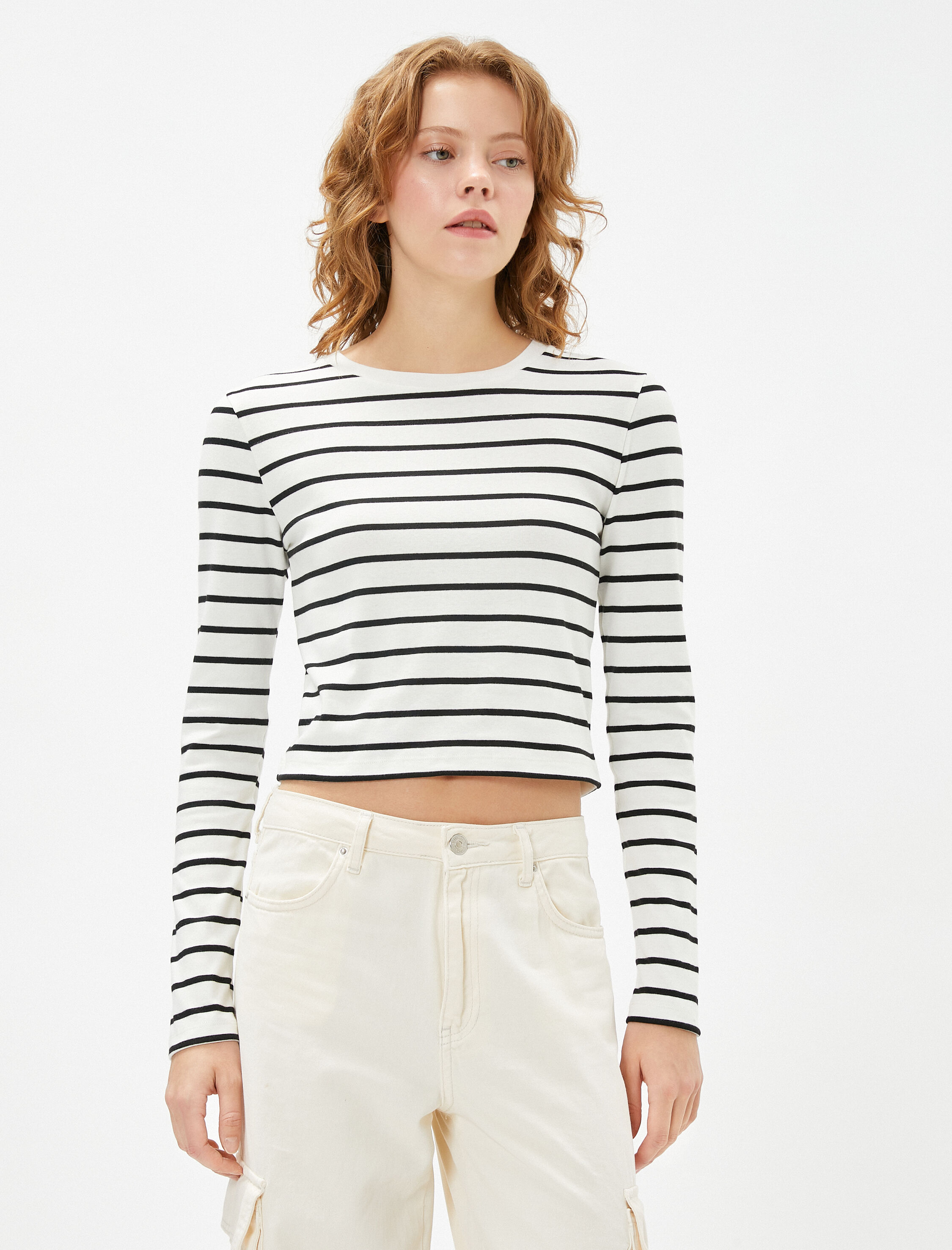   Uzun Kollu Tişört Crop Bisiklet Yaka Basic