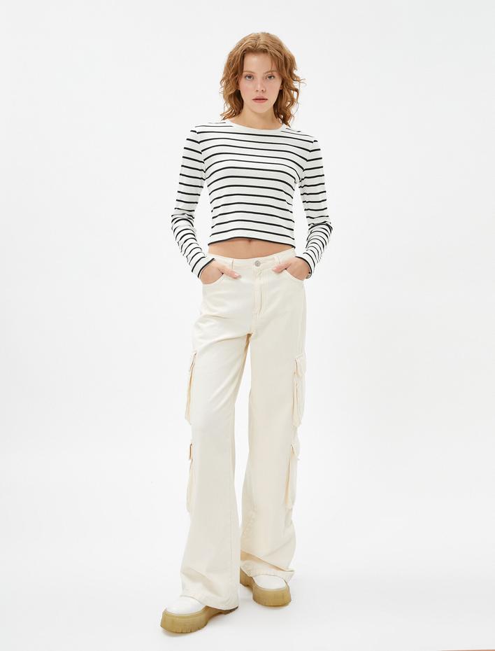  Uzun Kollu Tişört Crop Bisiklet Yaka Basic