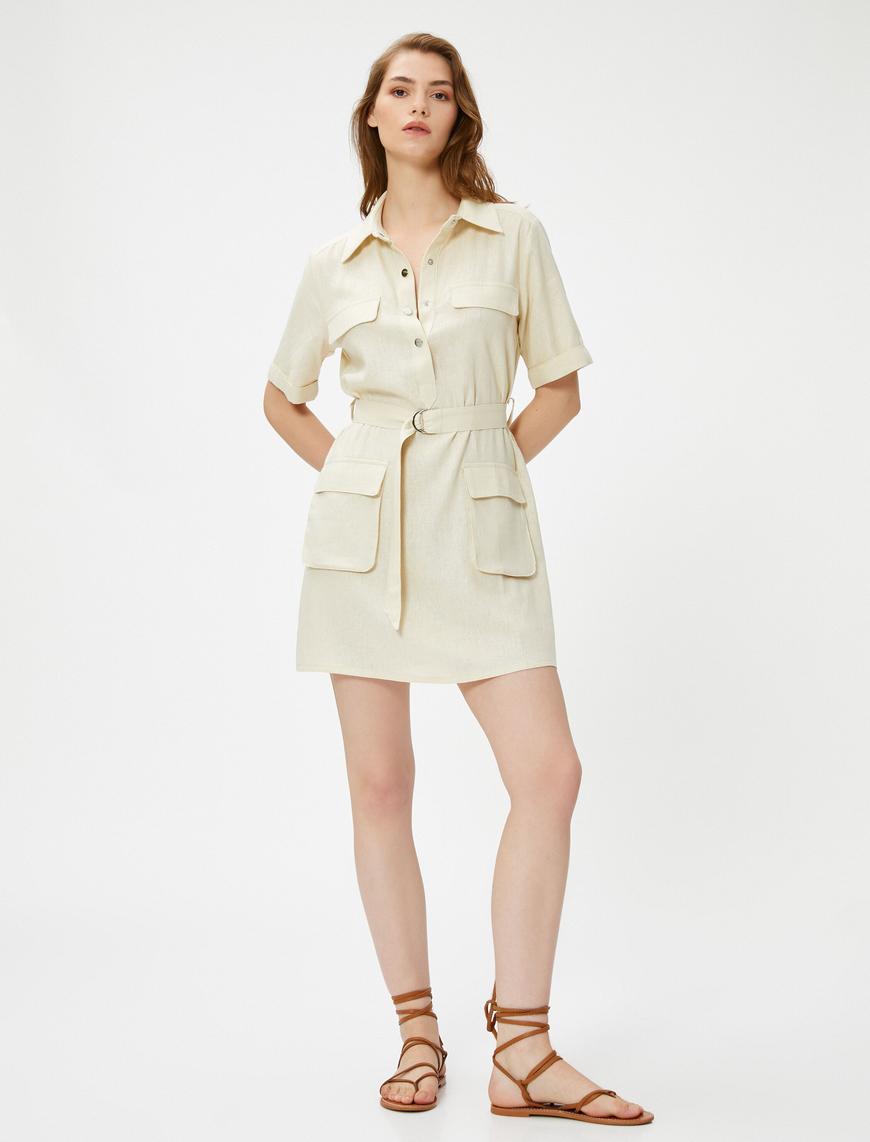   Mini Safari Elbise Gömlek Yaka Cepli Keten
