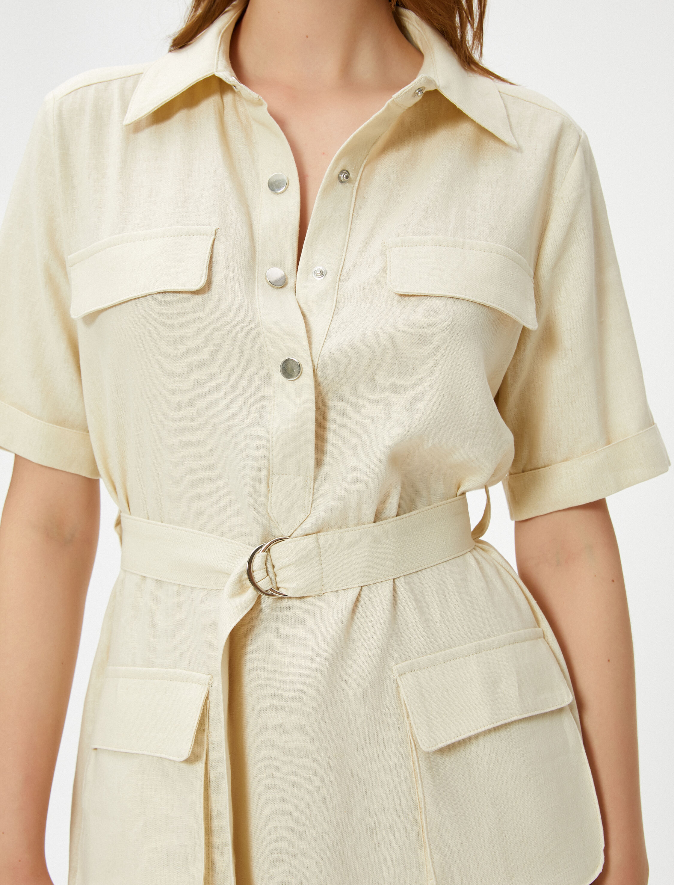   Mini Safari Elbise Gömlek Yaka Cepli Keten