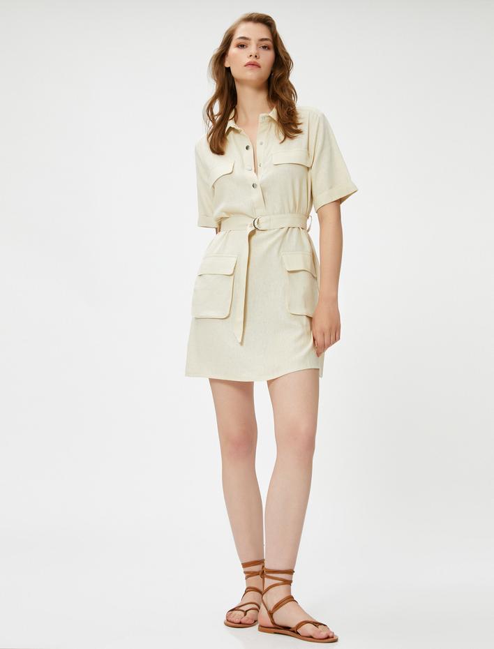  Mini Safari Elbise Gömlek Yaka Cepli Keten