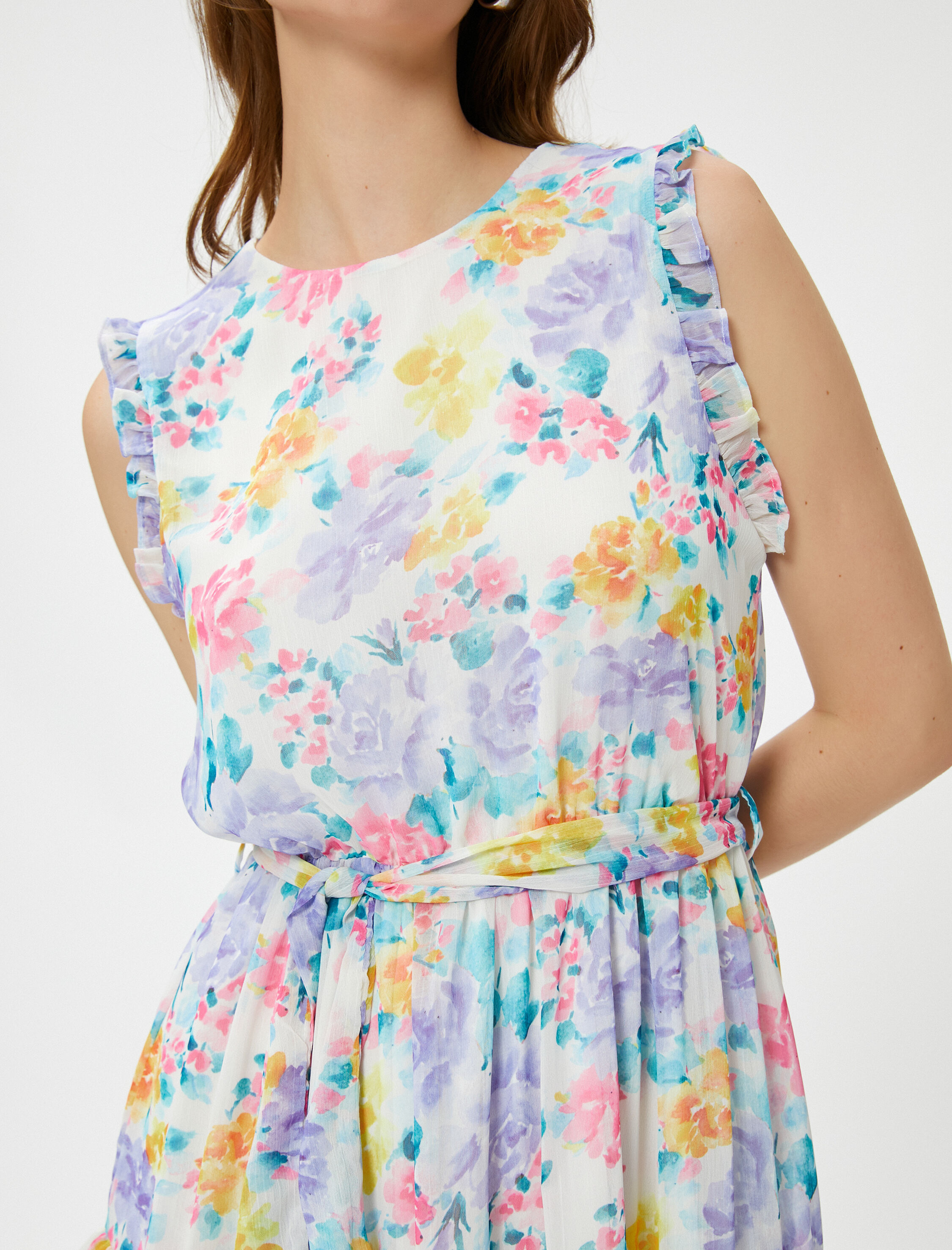   Çiçekli Yazlık Elbise Kemerli Kolsuz