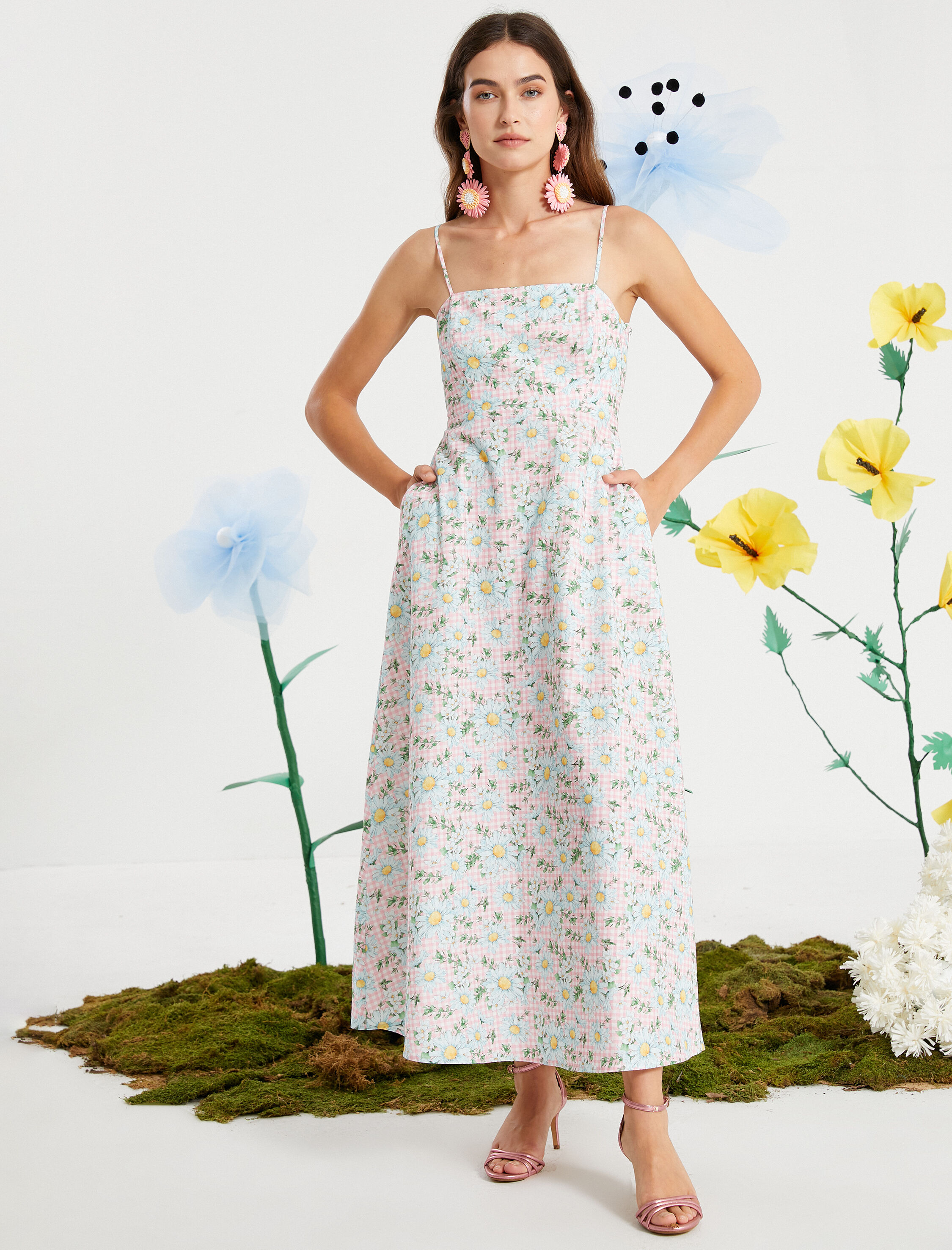   Rachel Araz X Koton - Çiçekli Pamuklu Askılı Midi Elbise