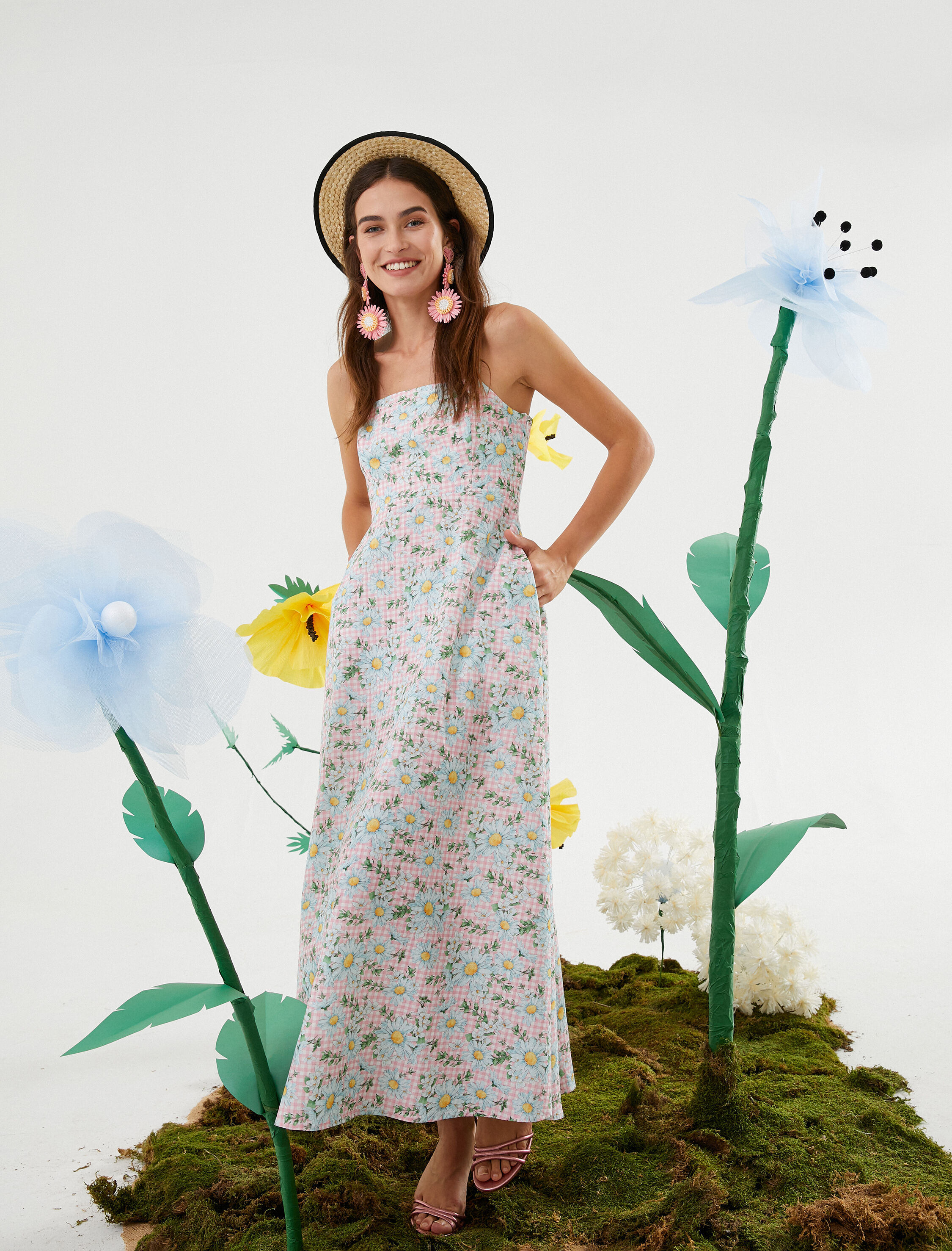   Rachel Araz X Koton - Çiçekli Pamuklu Askılı Midi Elbise