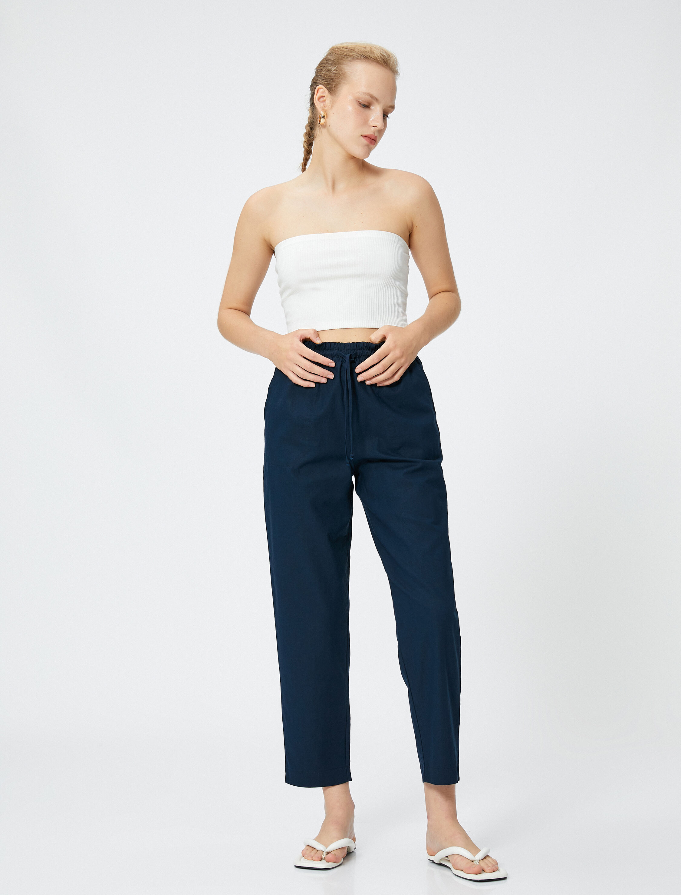   Rahat Pantolon Keten Karışımlı Beli Bağlamalı