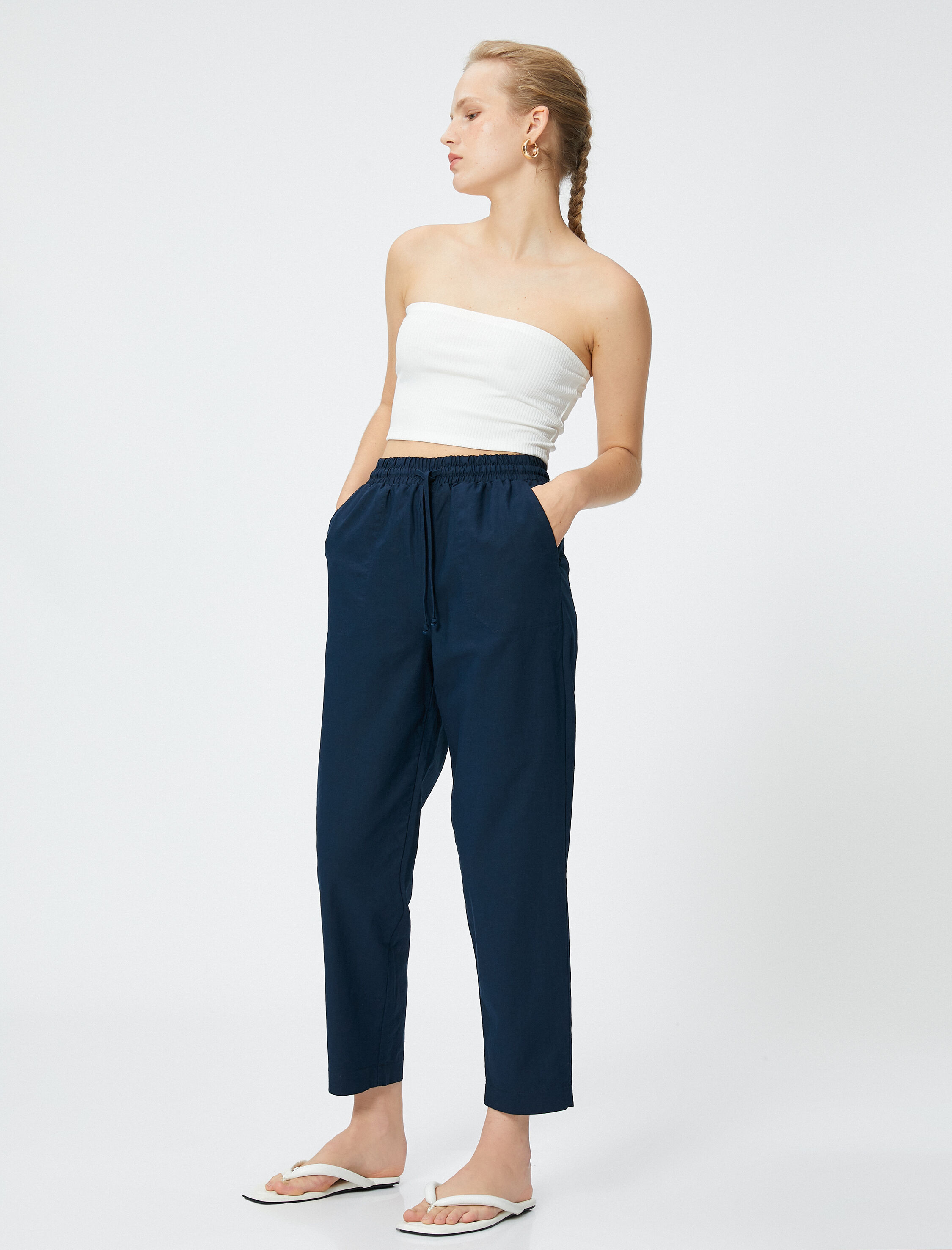   Rahat Pantolon Keten Karışımlı Beli Bağlamalı