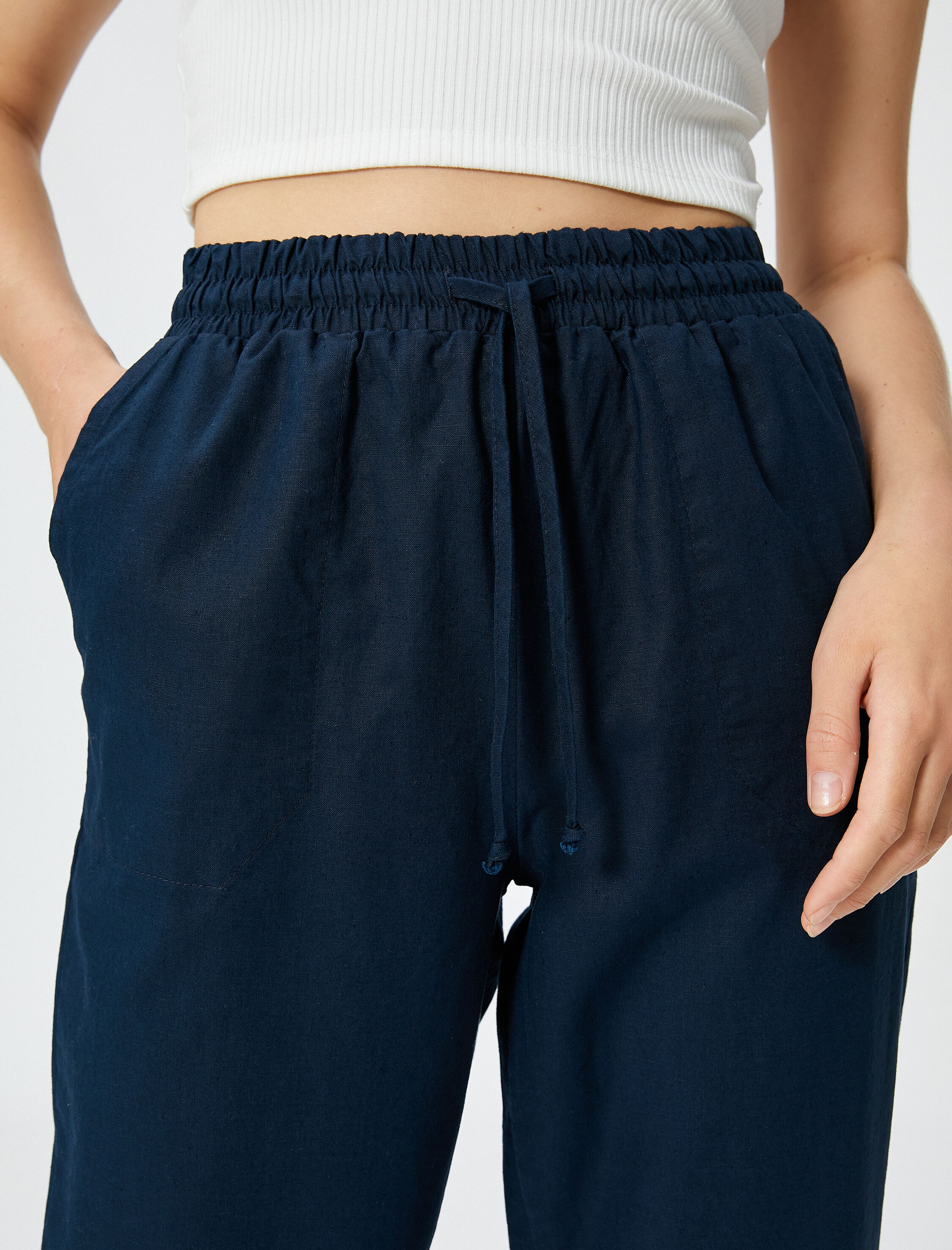   Rahat Pantolon Keten Karışımlı Beli Bağlamalı