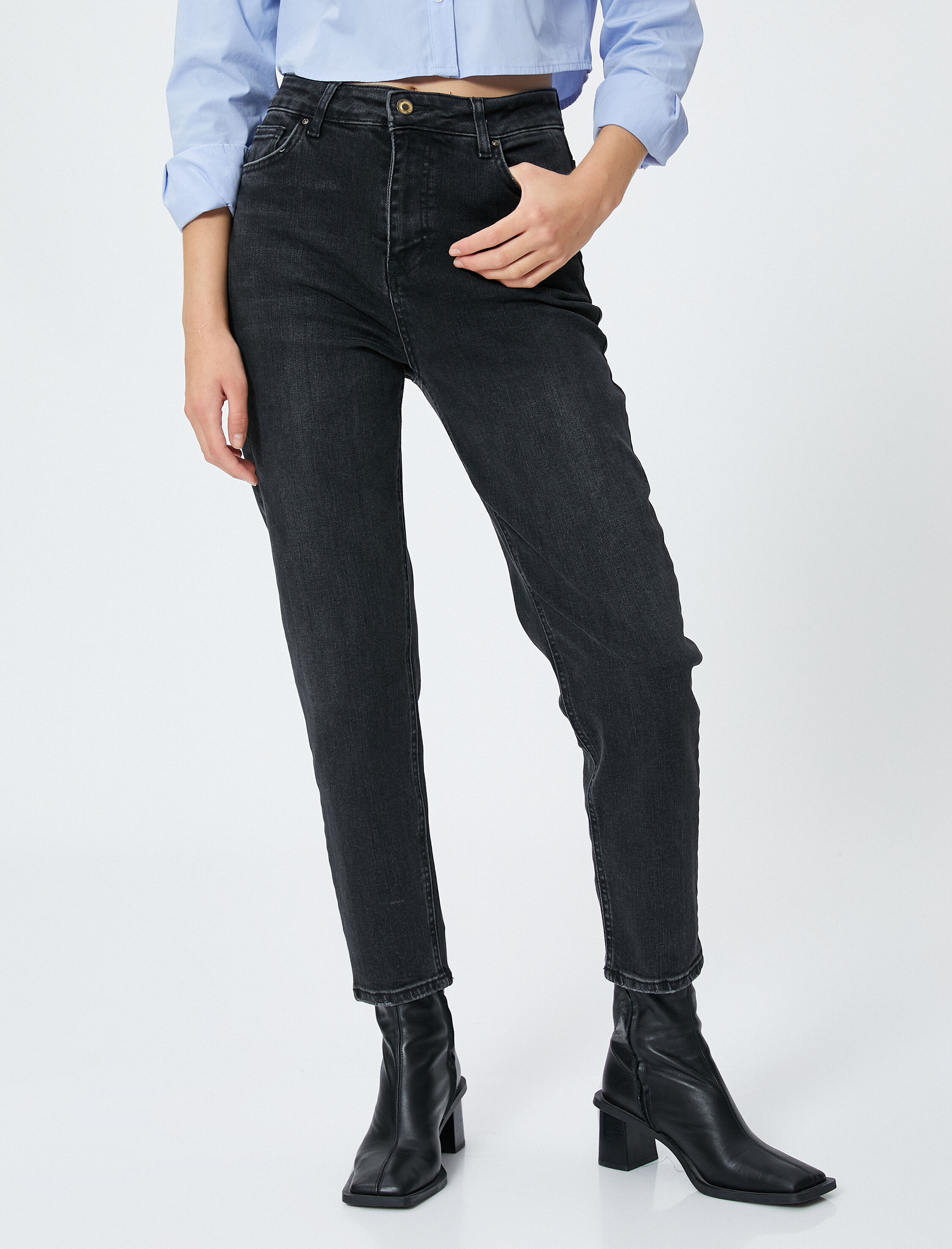   Yüksek Bel Kot Pantolon Hafif Dar Kesim - Mom Slim Jean