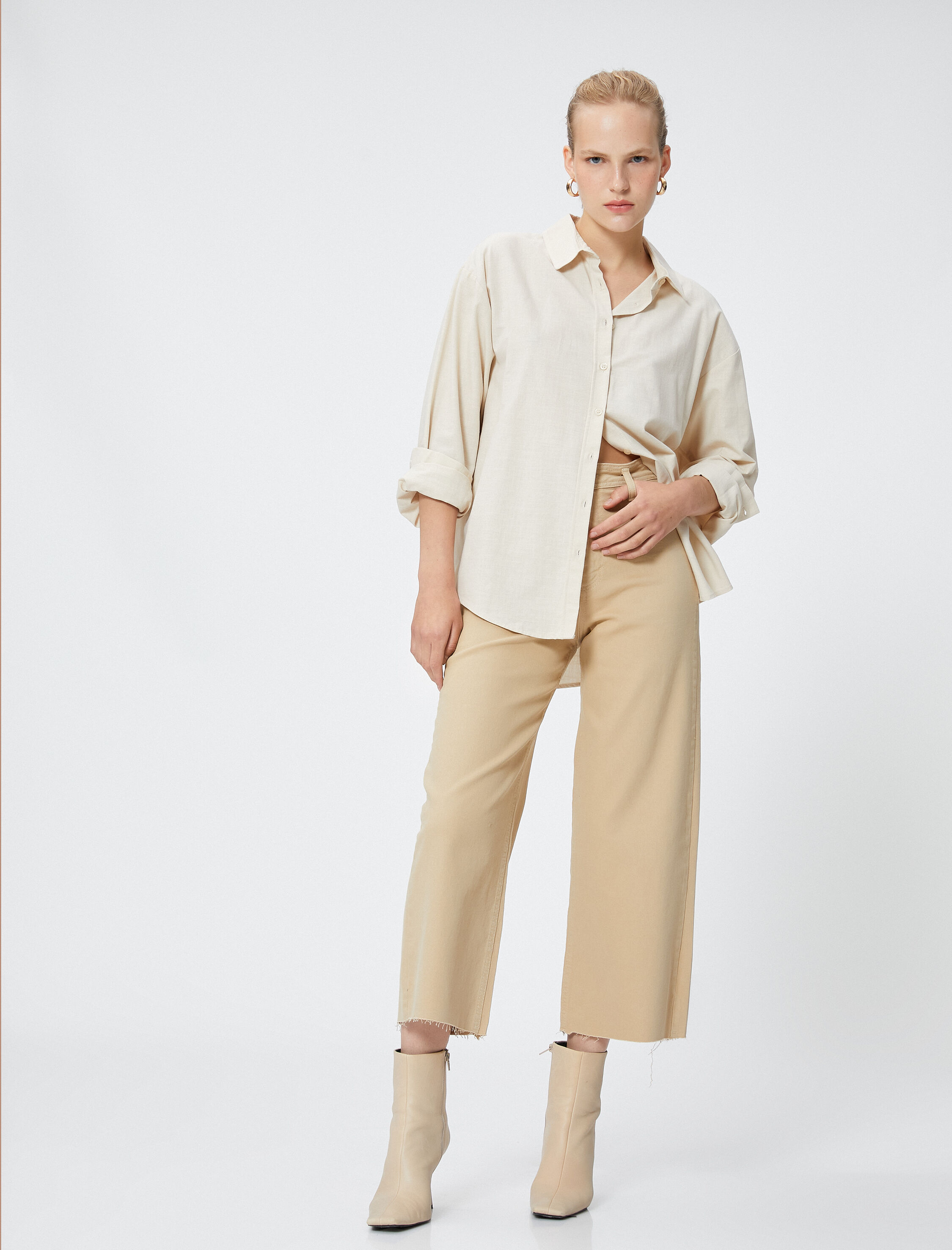   Culotte Pantolon Geniş Crop Paça Yüksek Bel Düğmeli