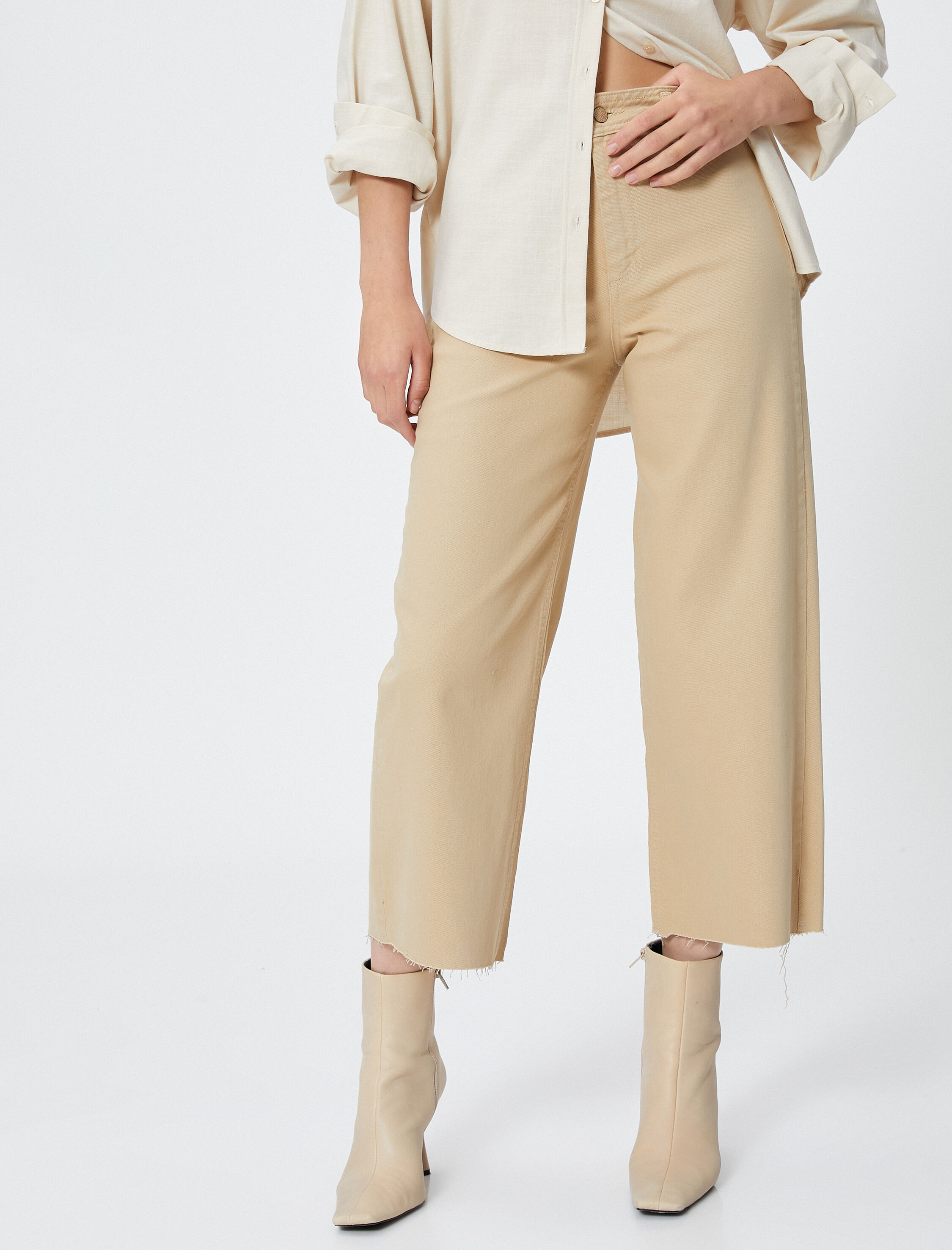   Culotte Pantolon Geniş Crop Paça Yüksek Bel Düğmeli