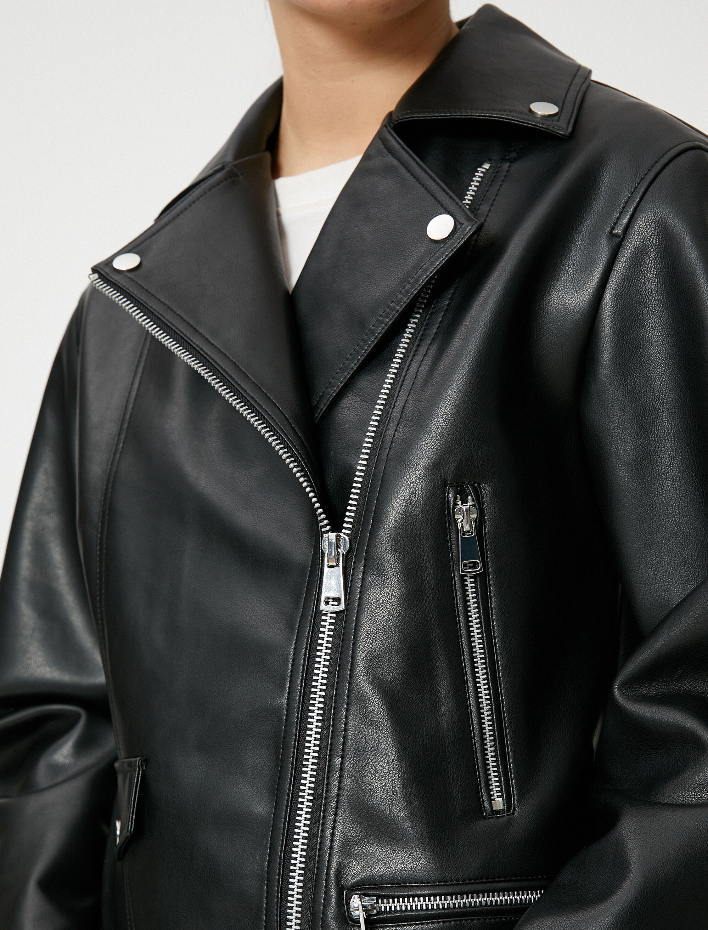   Oversize Biker Ceket Suni Deri Fermuarlı