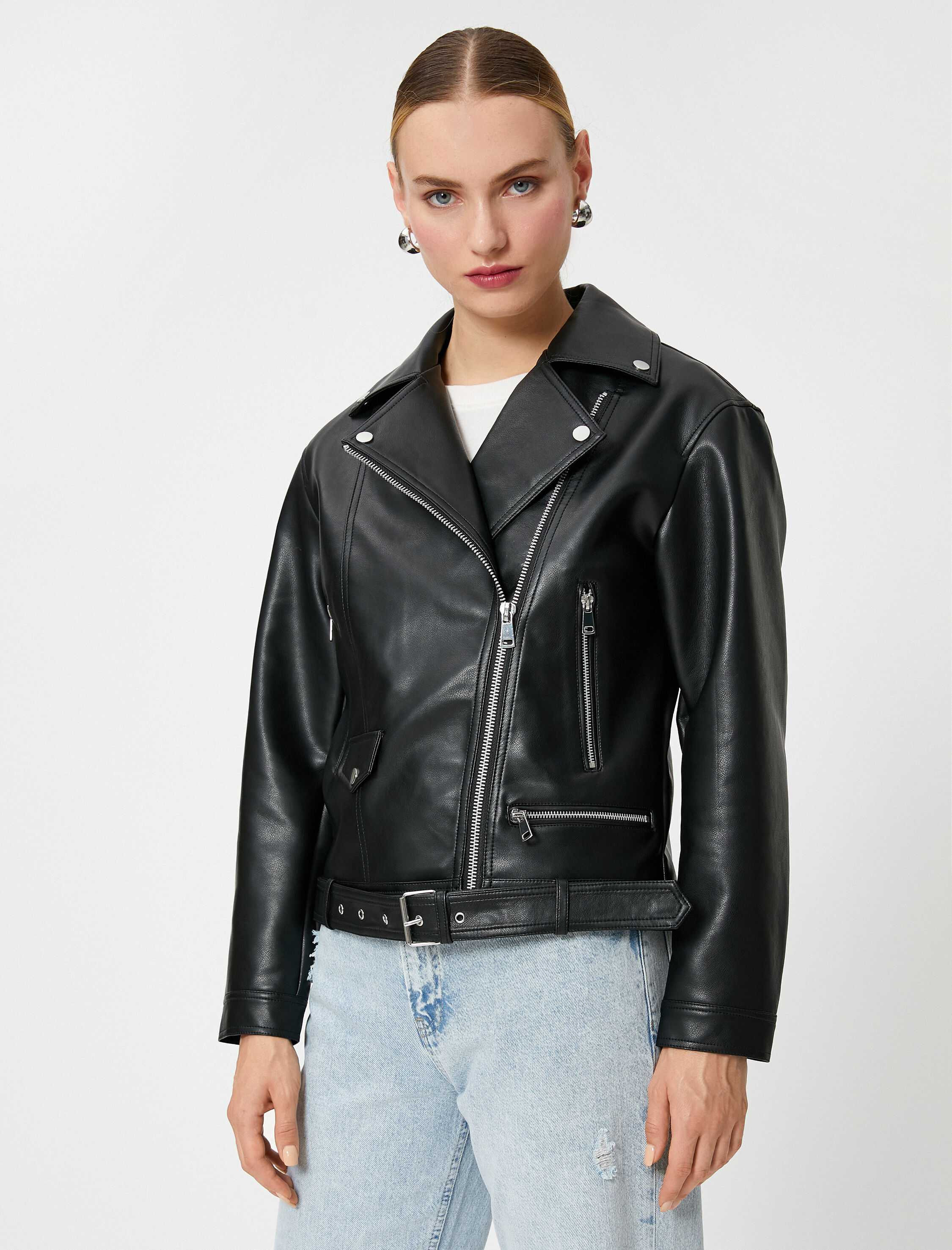   Oversize Biker Ceket Suni Deri Fermuarlı