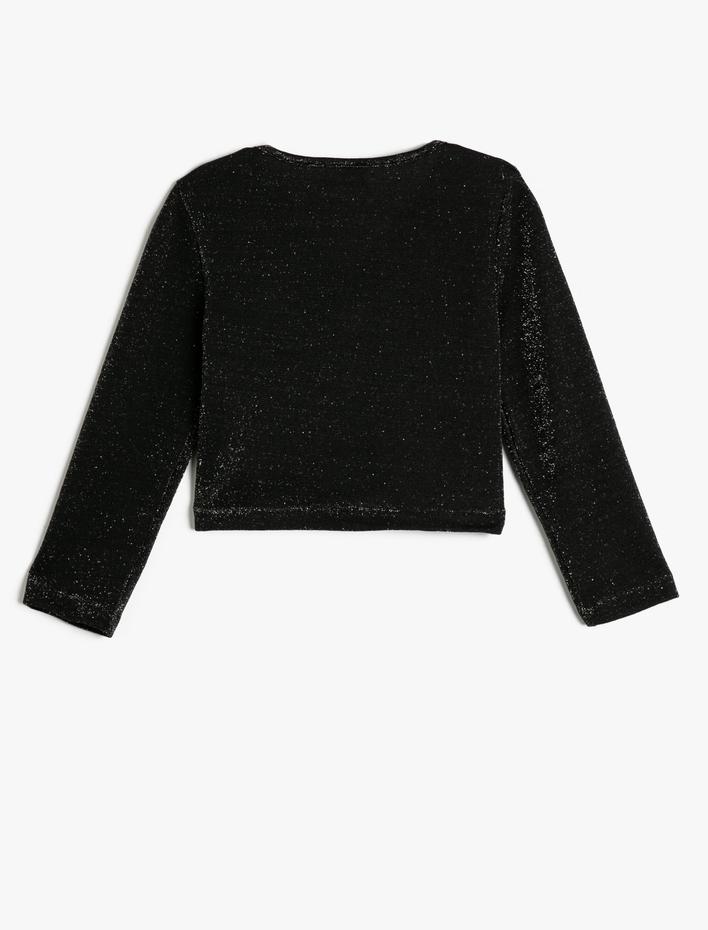 Kız Çocuk Crop Bluz Uzun Kollu Önü Büzgülü Parıltılı V Yaka Dar Kalıp