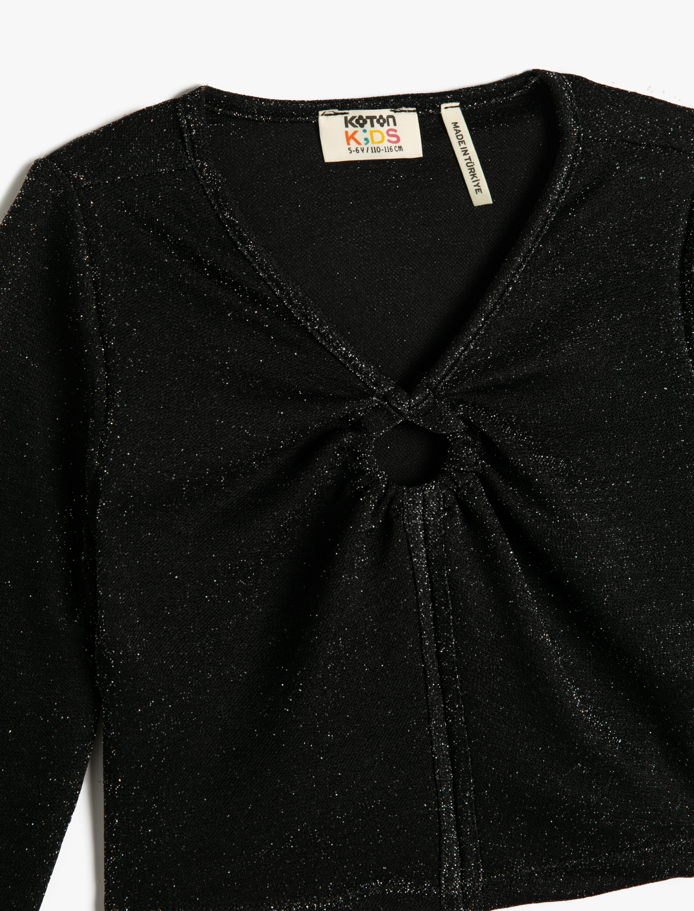  Kız Çocuk Crop Bluz Uzun Kollu Önü Büzgülü Parıltılı V Yaka Dar Kalıp