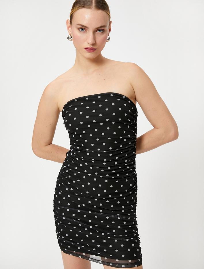  Mini Puantiyeli Straplez Elbise Şifon Drapeli