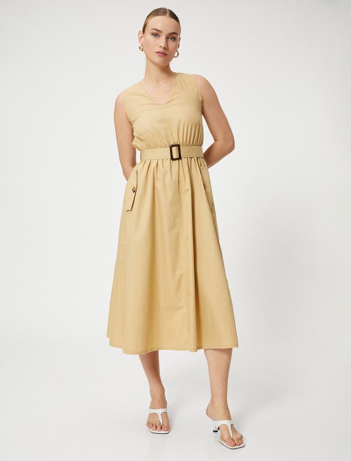  Midi Elbise Kolsuz Kemerli Pamuklu