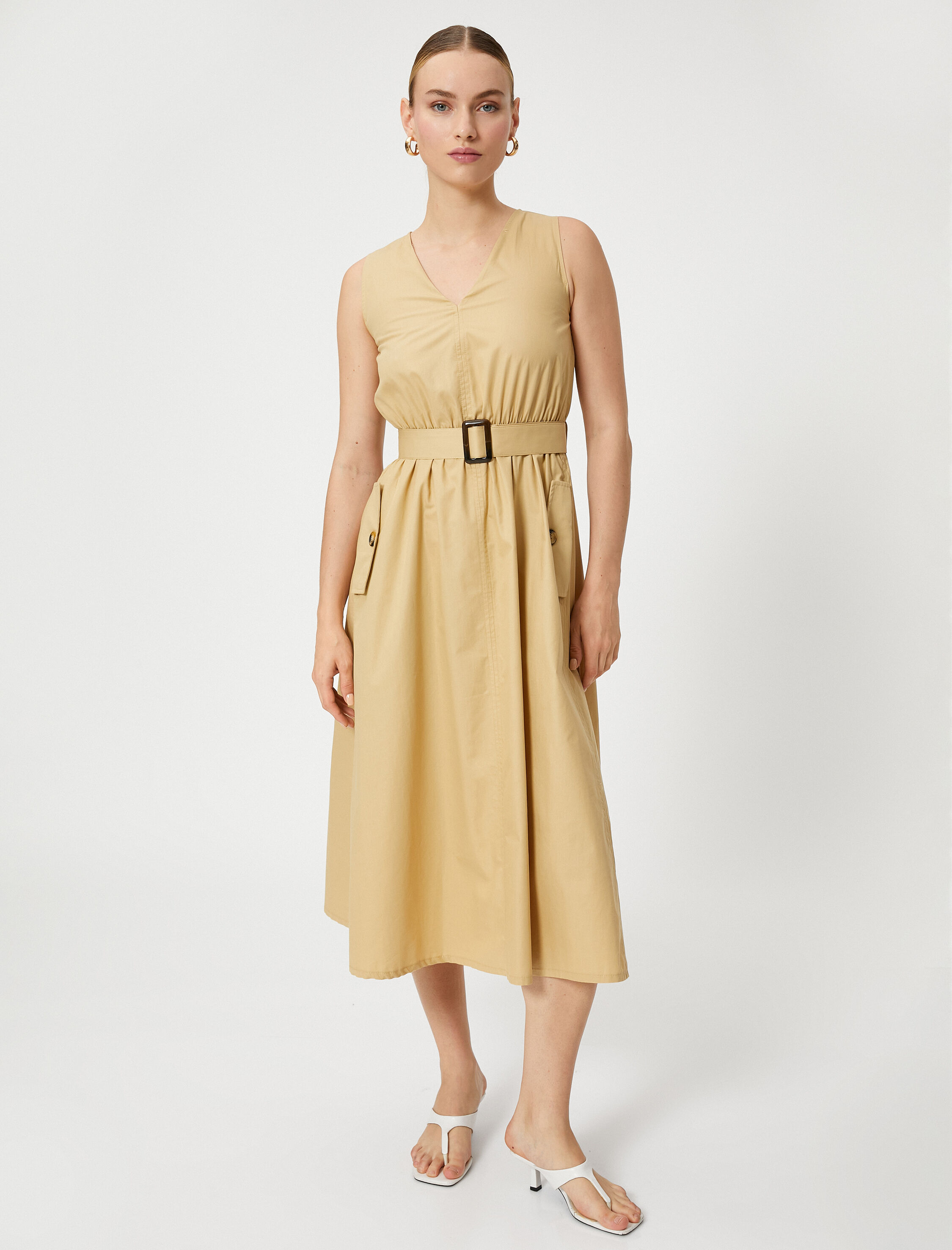   Midi Elbise Kolsuz Kemerli Pamuklu