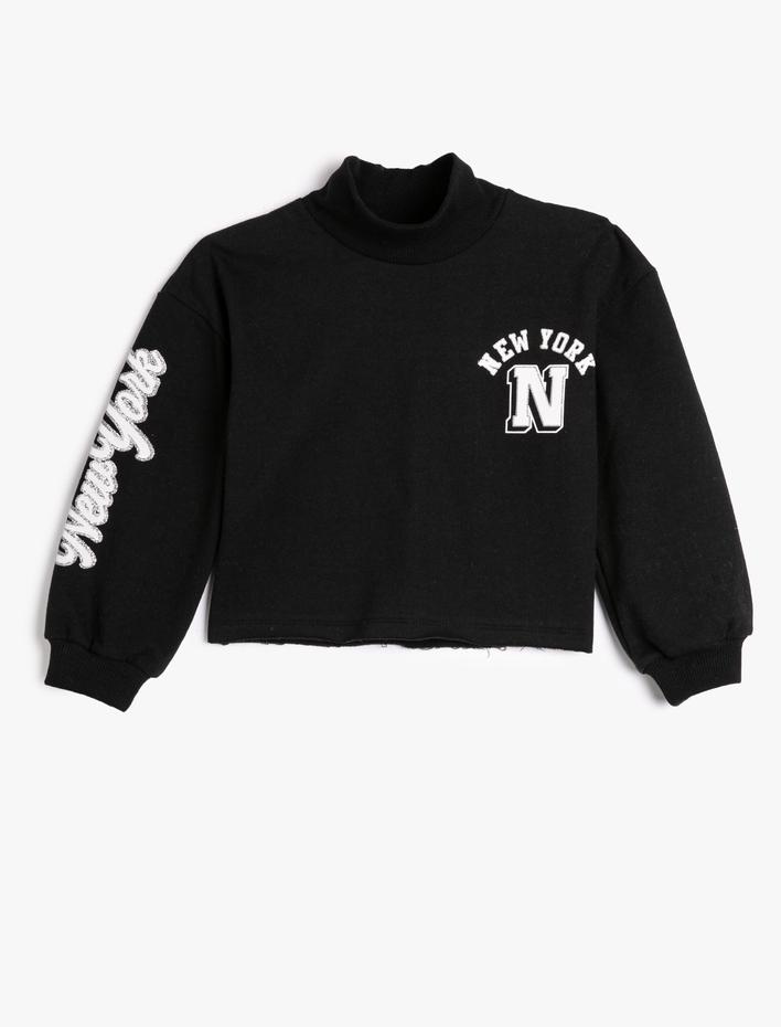 Kız Çocuk Oversize Balıkçı Yaka Sweatshirt New York Baskılı Şardonlu