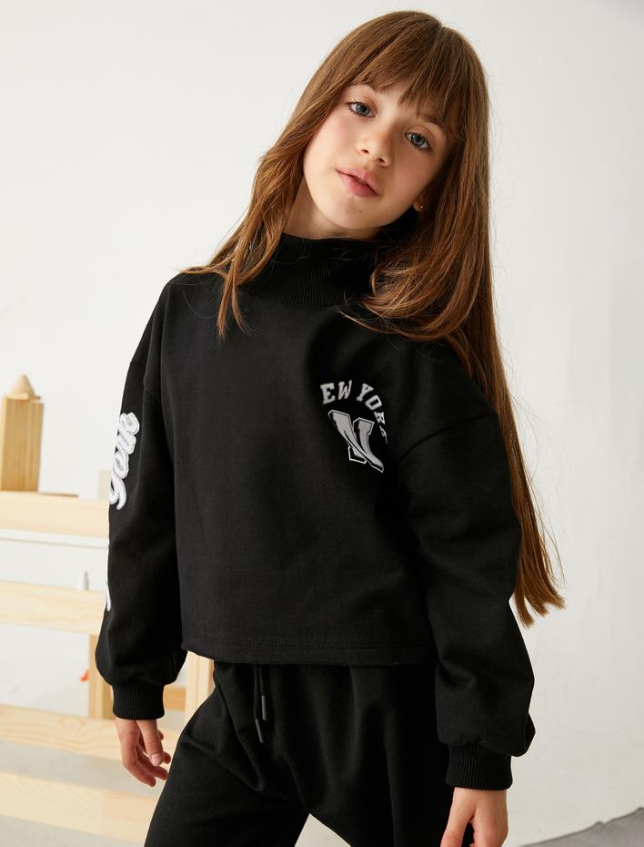 Kız Çocuk Oversize Balıkçı Yaka Sweatshirt New York Baskılı Şardonlu