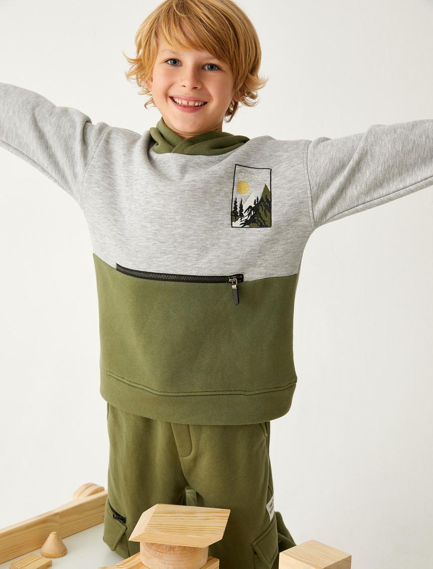  Erkek Çocuk Kapşonlu Sweatshirt Şardonlu Renk Bloklu Fermuar Cep Detaylı
