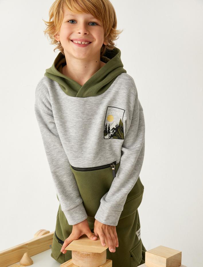 Erkek Çocuk Kapşonlu Sweatshirt Şardonlu Renk Bloklu Fermuar Cep Detaylı