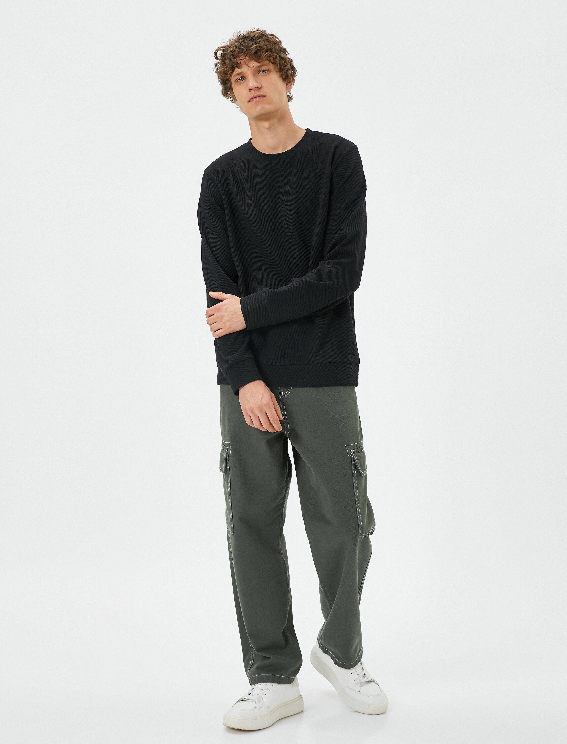   Basic Kazak Bisiklet Yaka Dokulu Uzun Kollu