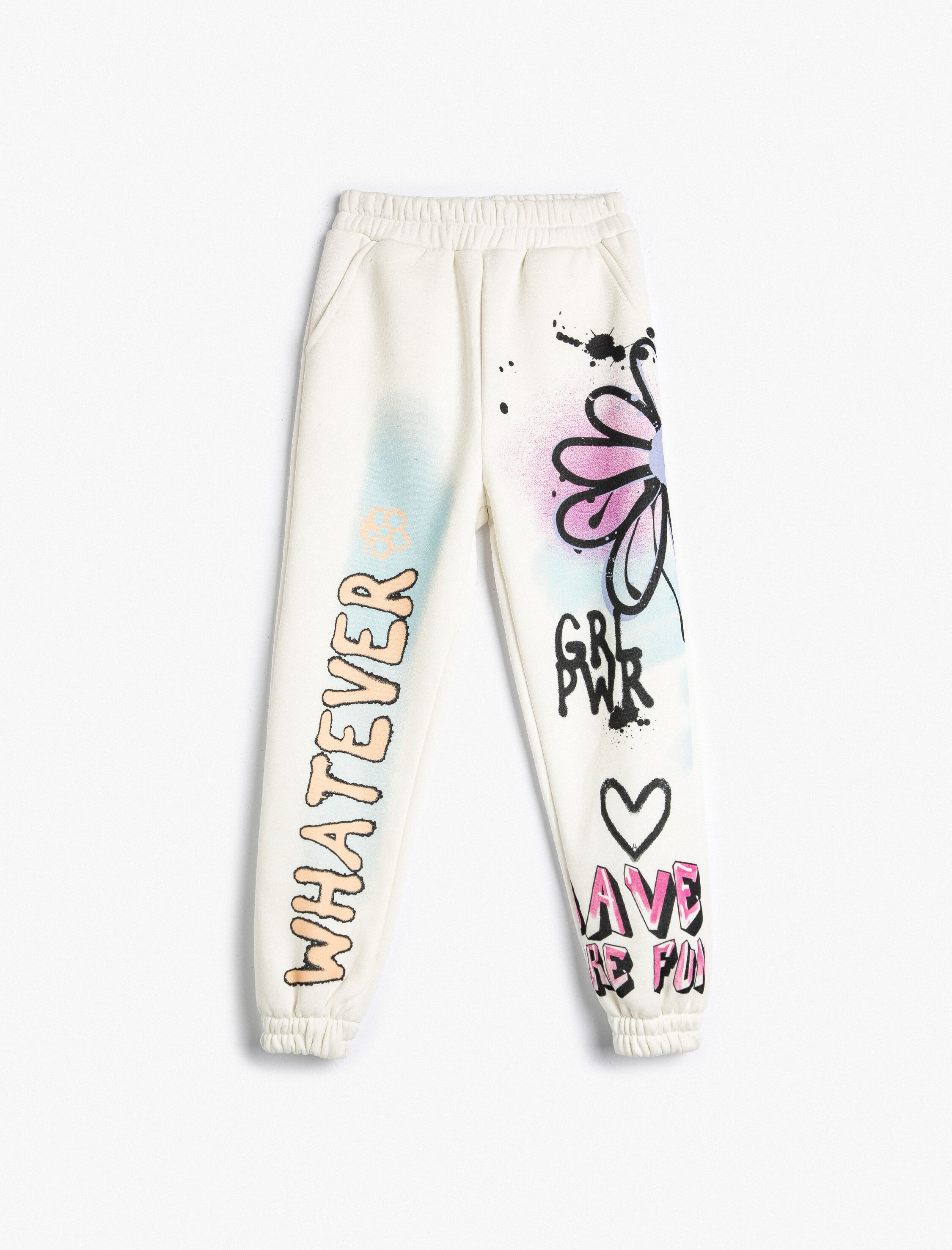  Kız Çocuk Jogger Eşofman Altı Beli Bağlamalı Cepli Grafiti Baskılı Şardonlu