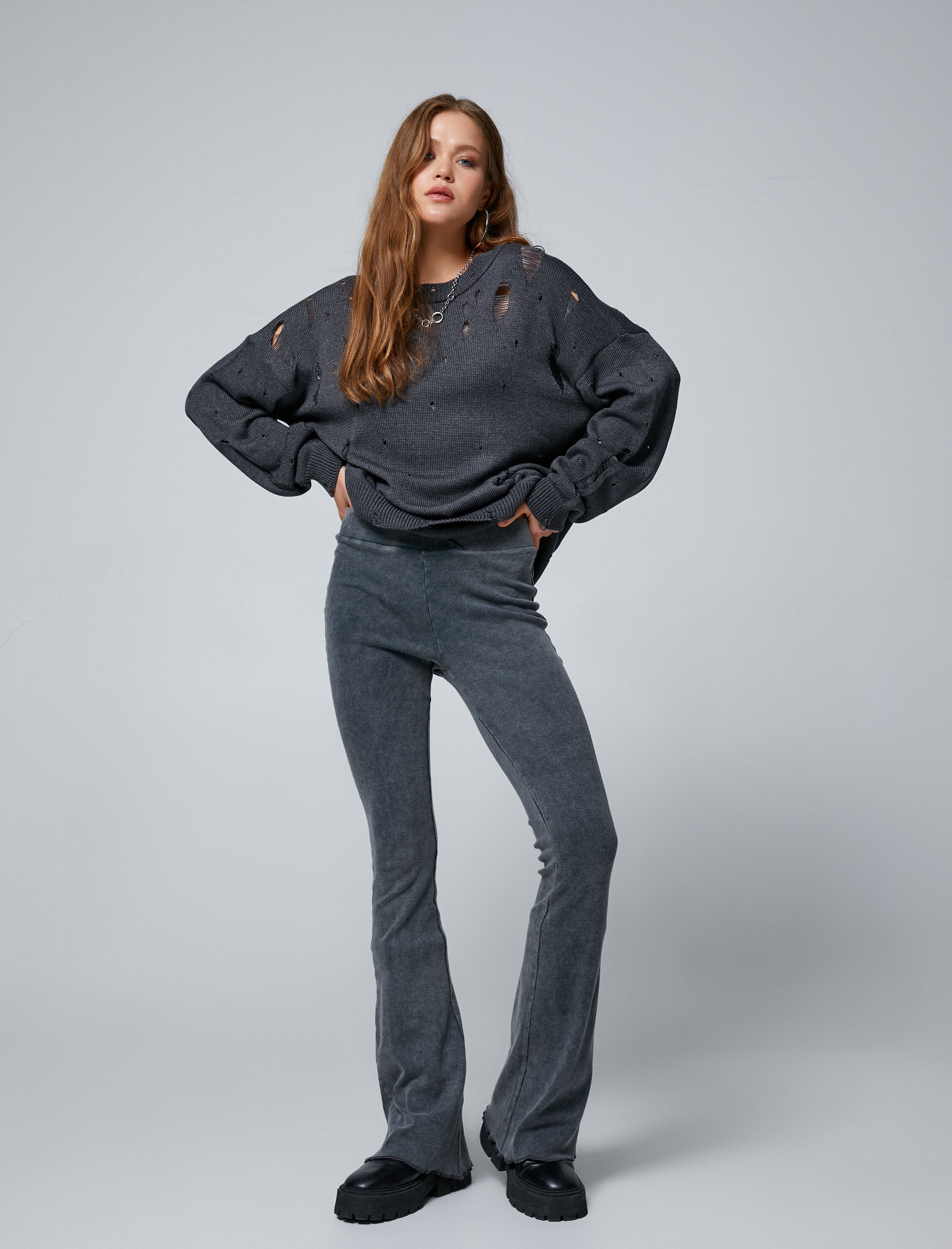   İspanyol Paça Tayt Pantolon Beli Lastikli Fitilli