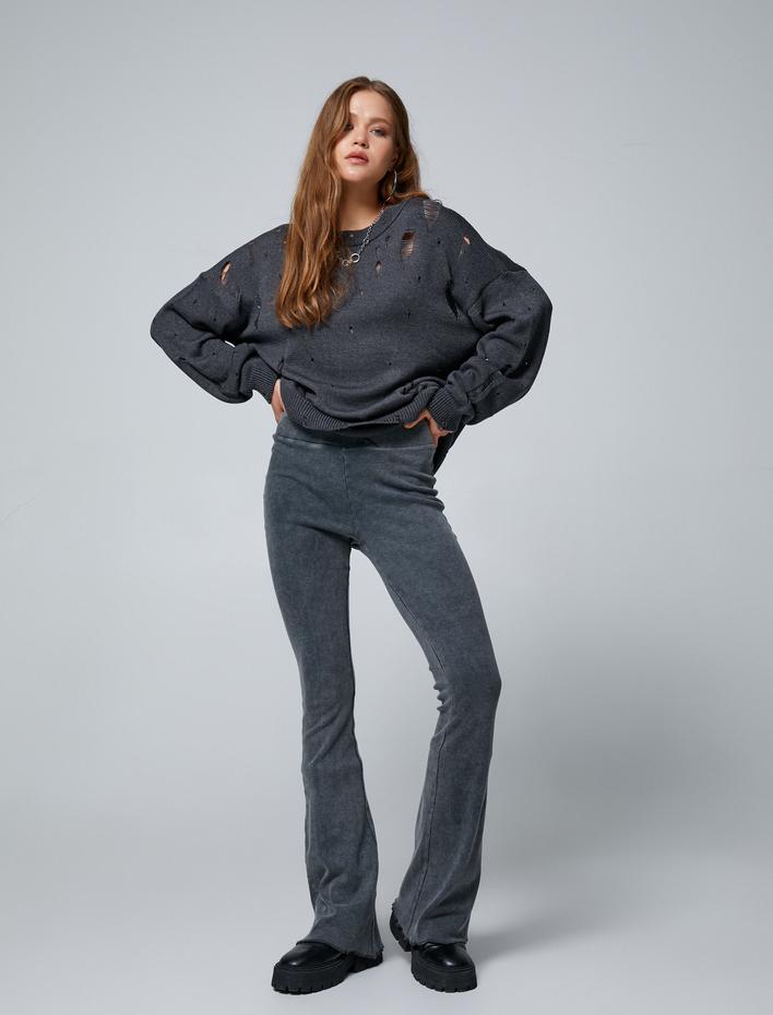  İspanyol Paça Tayt Pantolon Beli Lastikli Fitilli