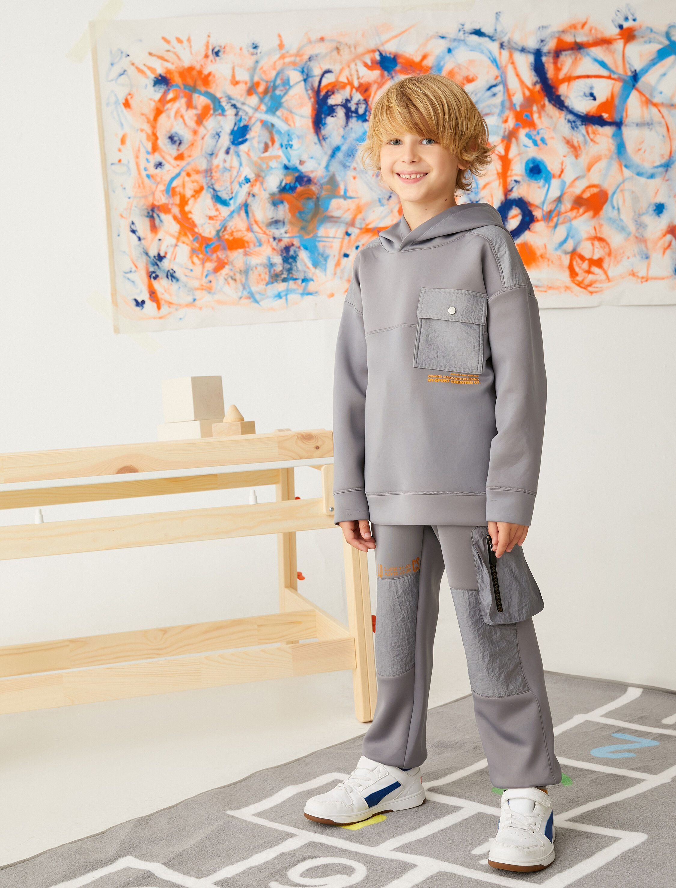  Erkek Çocuk Kapşonlu Sweatshirt Kapaklı Cep Detaylı Uzun Kollu